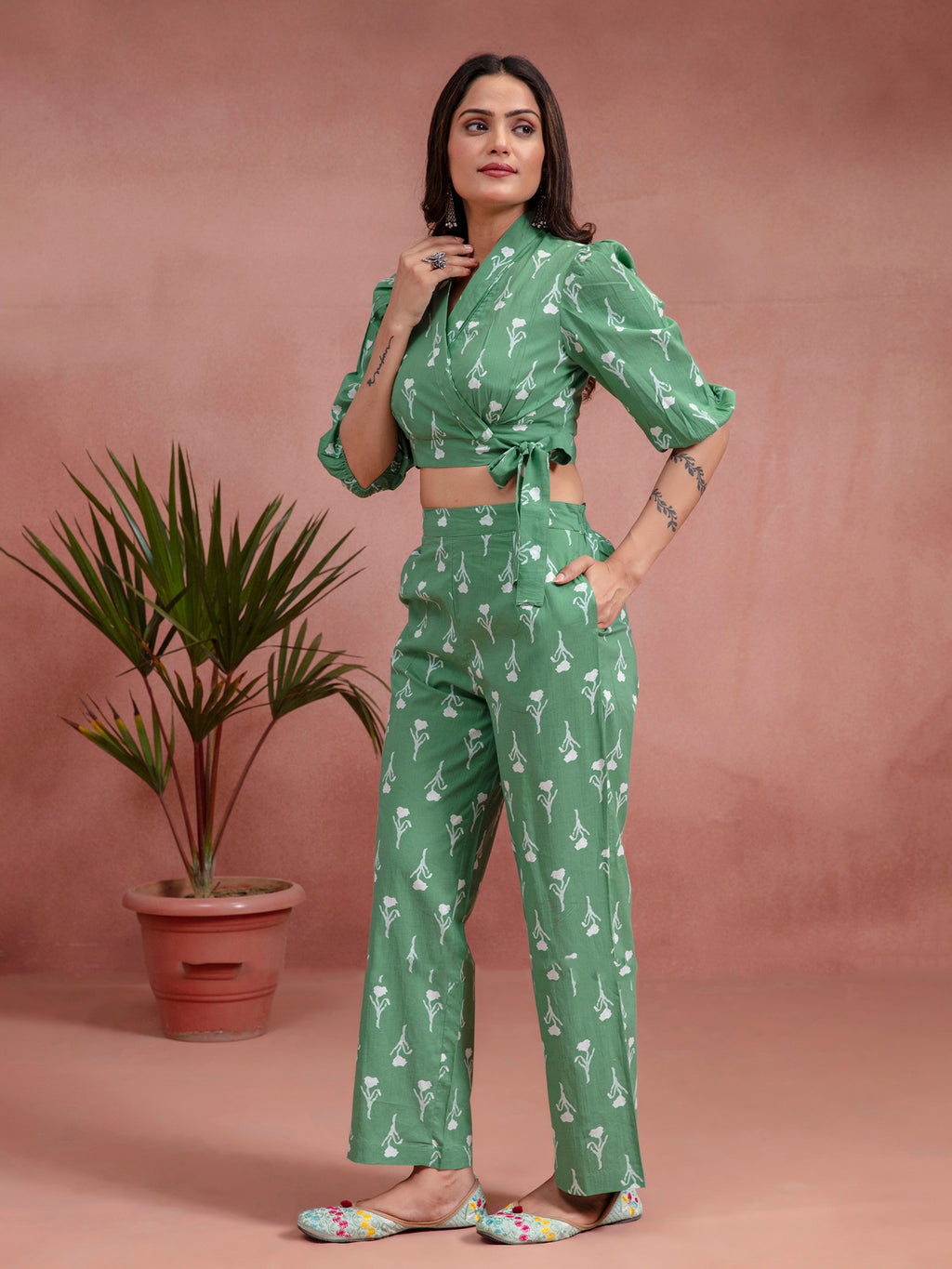 Green Cotton Straight Fit Floral Printed Wrap Top Co-Ord Set