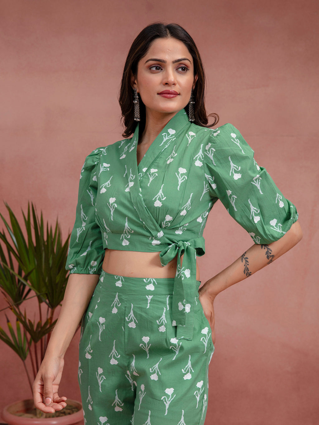 Green Cotton Straight Fit Floral Printed Wrap Top Co-Ord Set