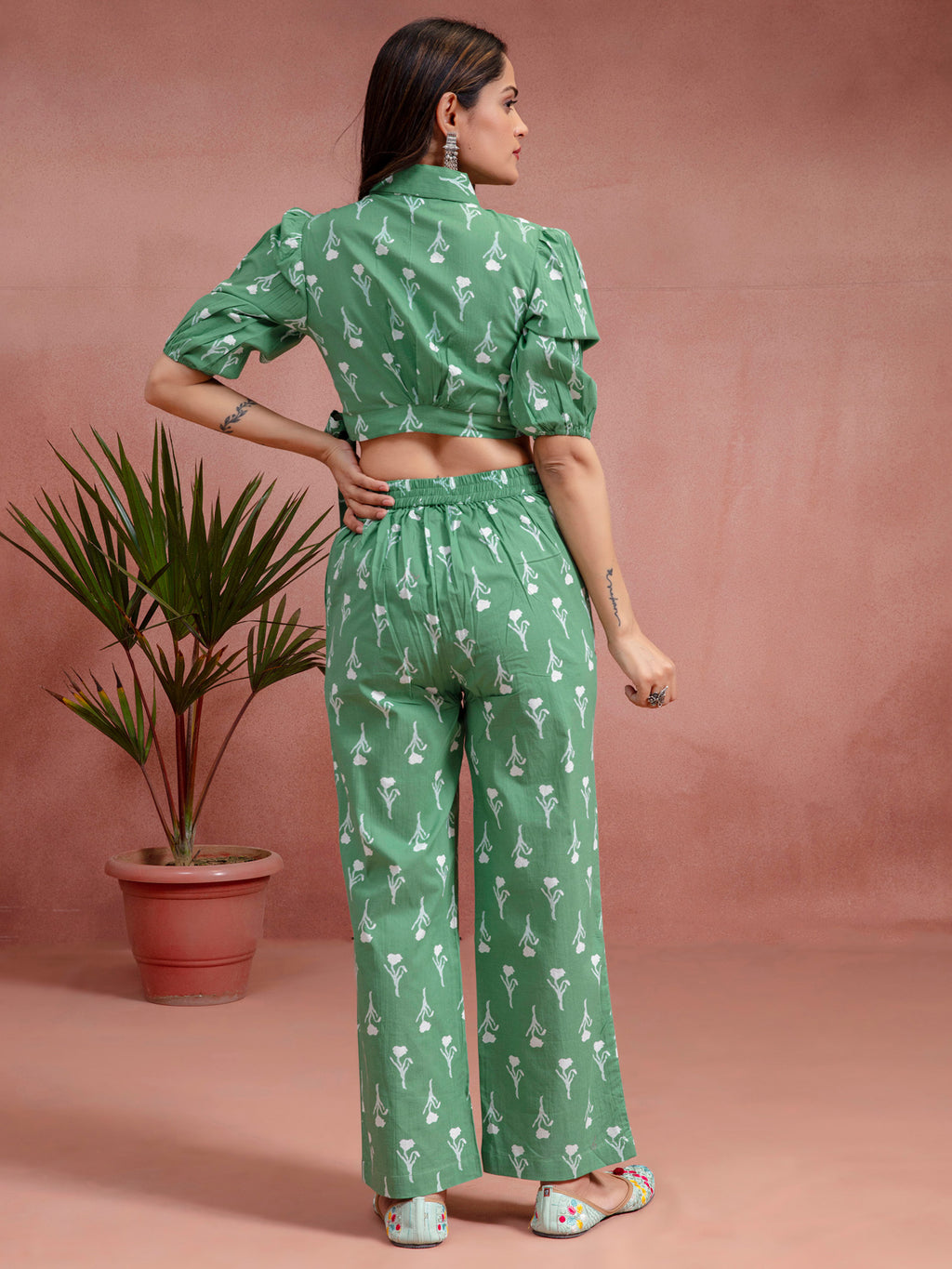 Green Cotton Straight Fit Floral Printed Wrap Top Co-Ord Set