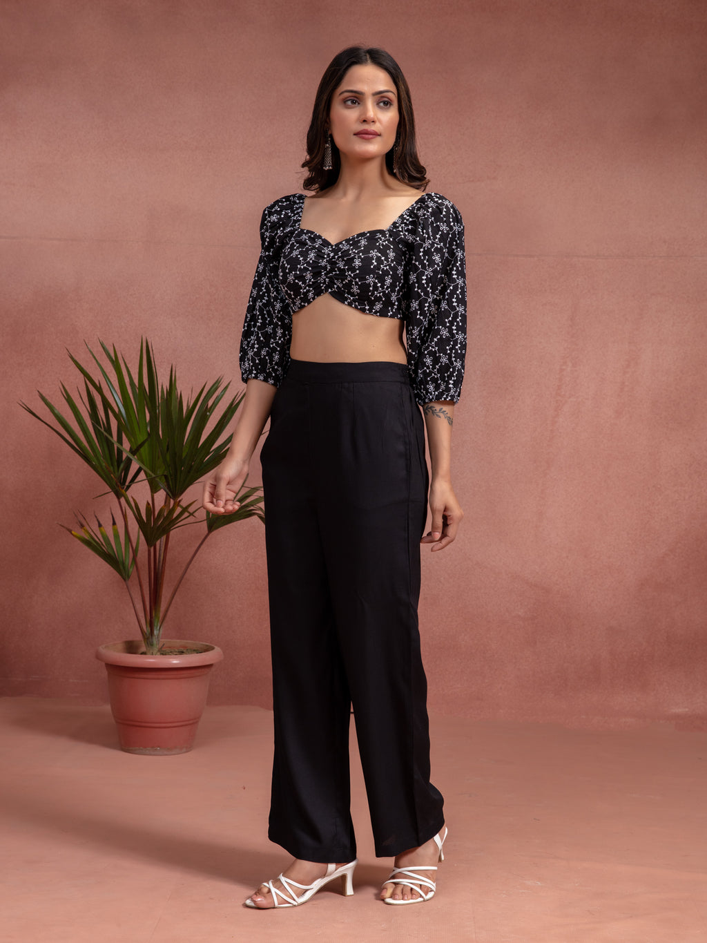 Black Cotton Straight Fit Co-Ord Set With Schiffli Crop Top