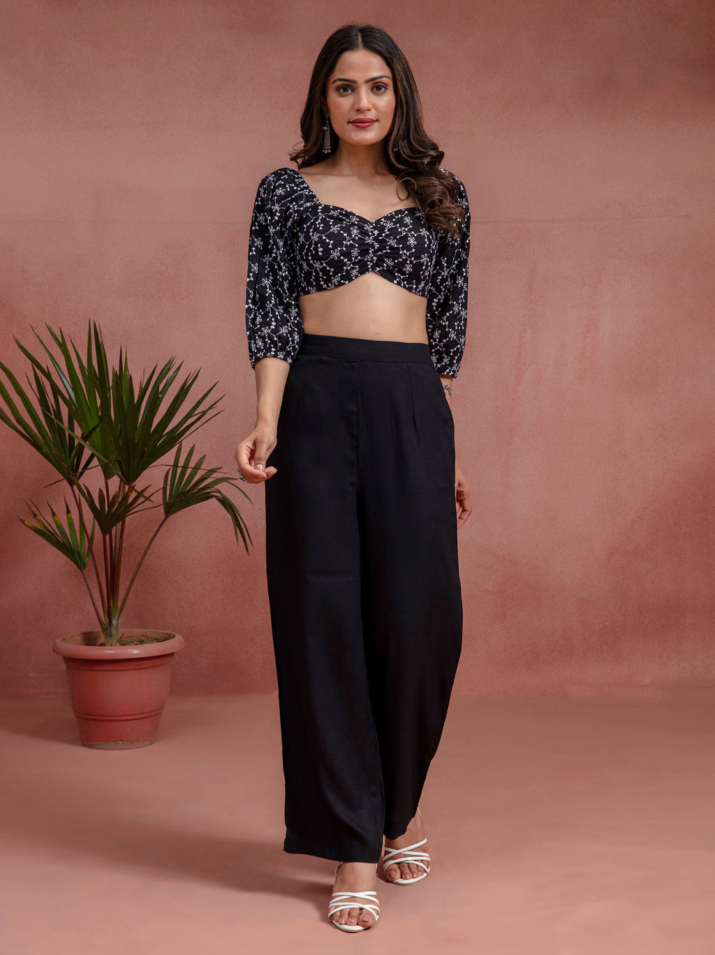 Black Cotton Straight Fit Co-Ord Set With Schiffli Crop Top