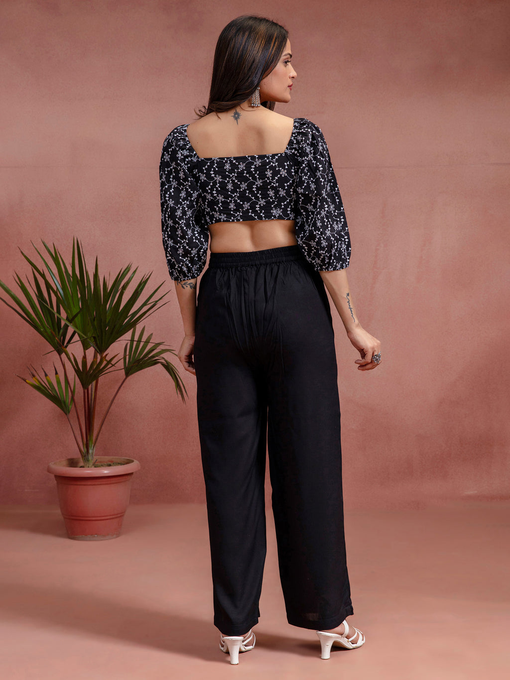 Black Cotton Straight Fit Co-Ord Set With Schiffli Crop Top