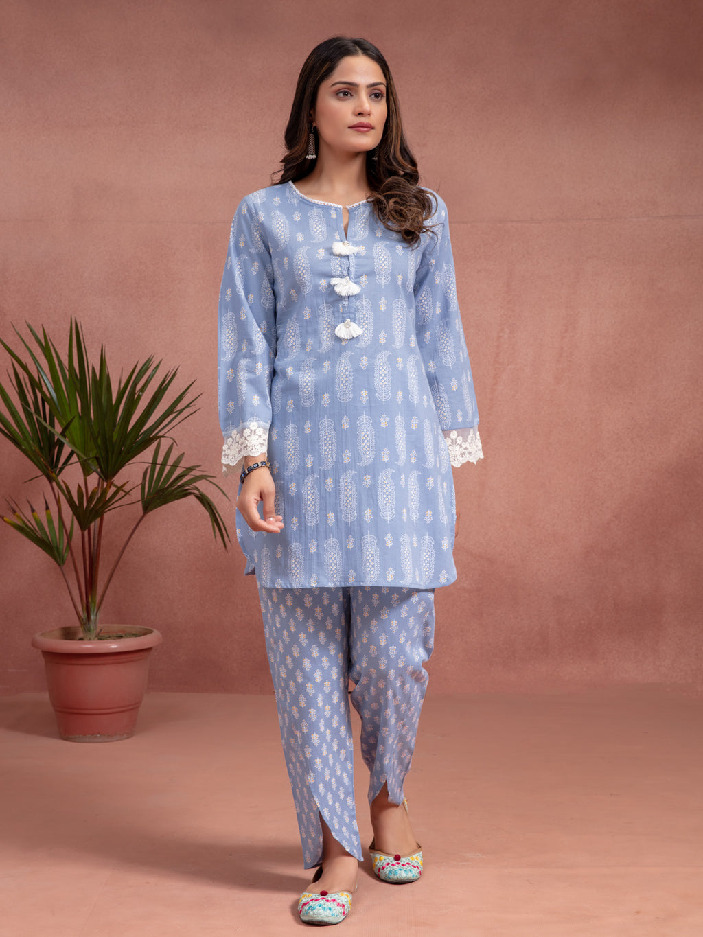 Blue Cotton Printed A-Line Co-Ord Set