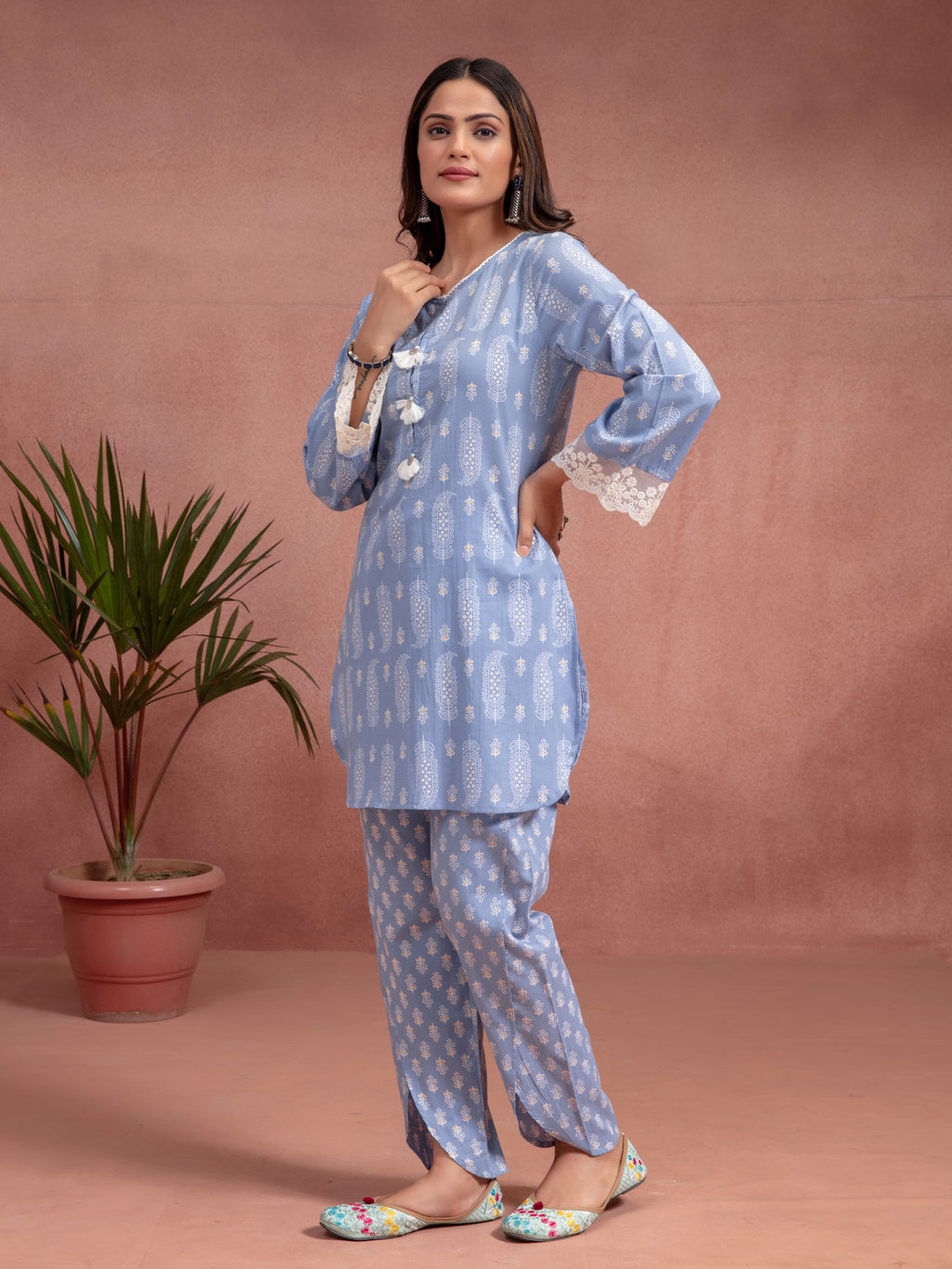 Blue Cotton Printed A-Line Co-Ord Set