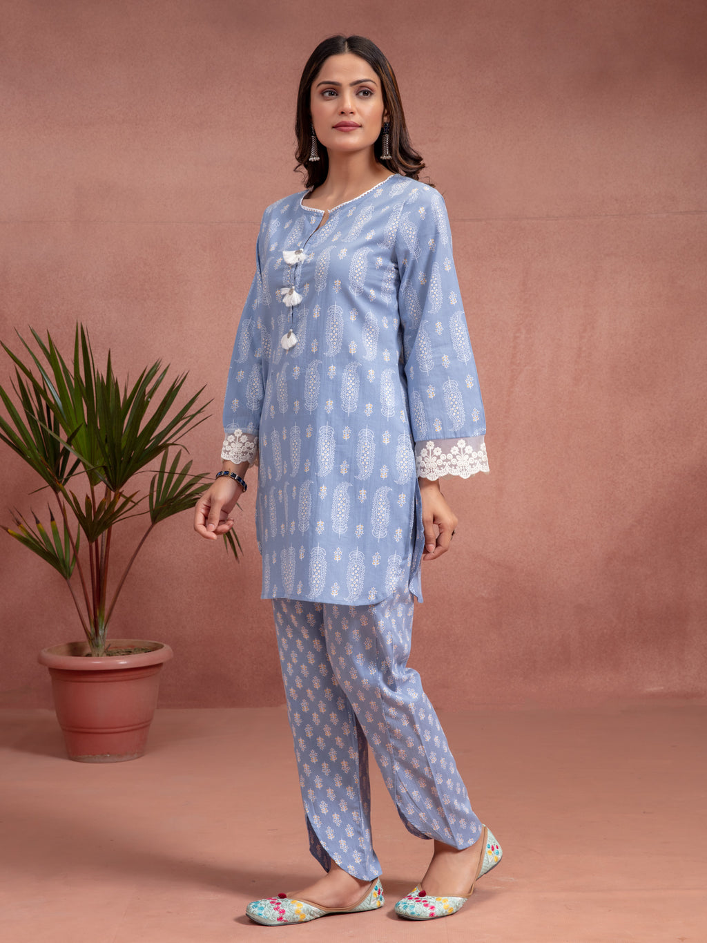 Blue Cotton Printed A-Line Co-Ord Set