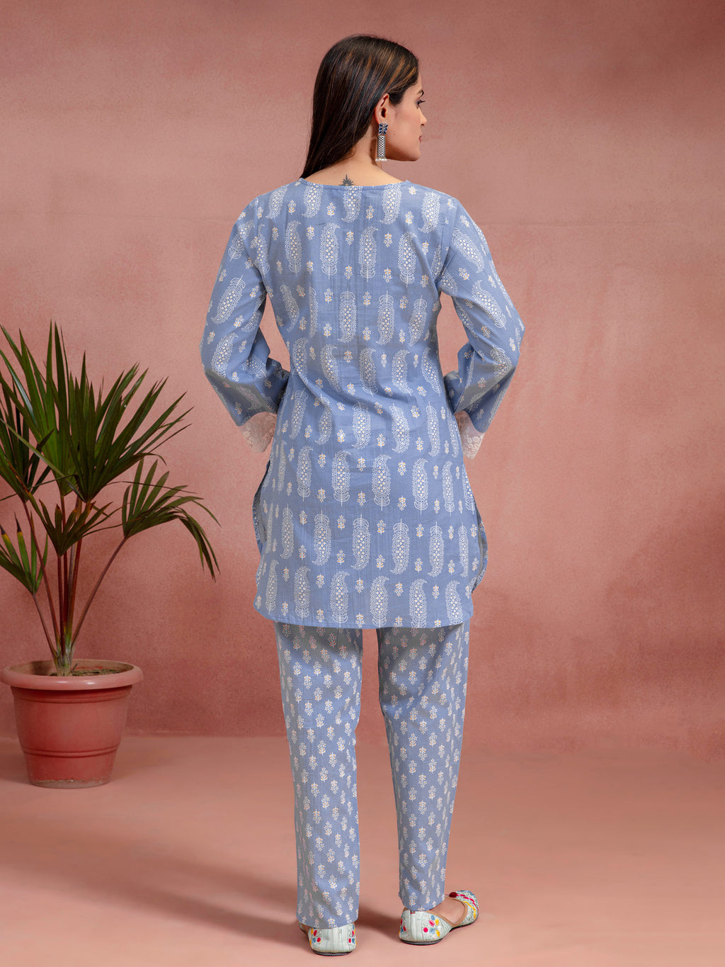 Blue Cotton Printed A-Line Co-Ord Set