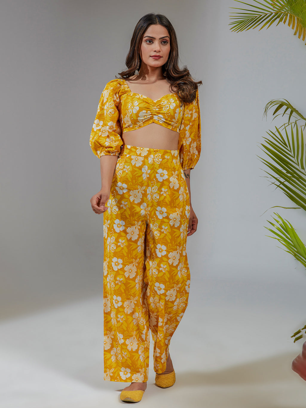 Yellow Cotton Straight Fit Floral Printed Crop Top Co-Ord Set