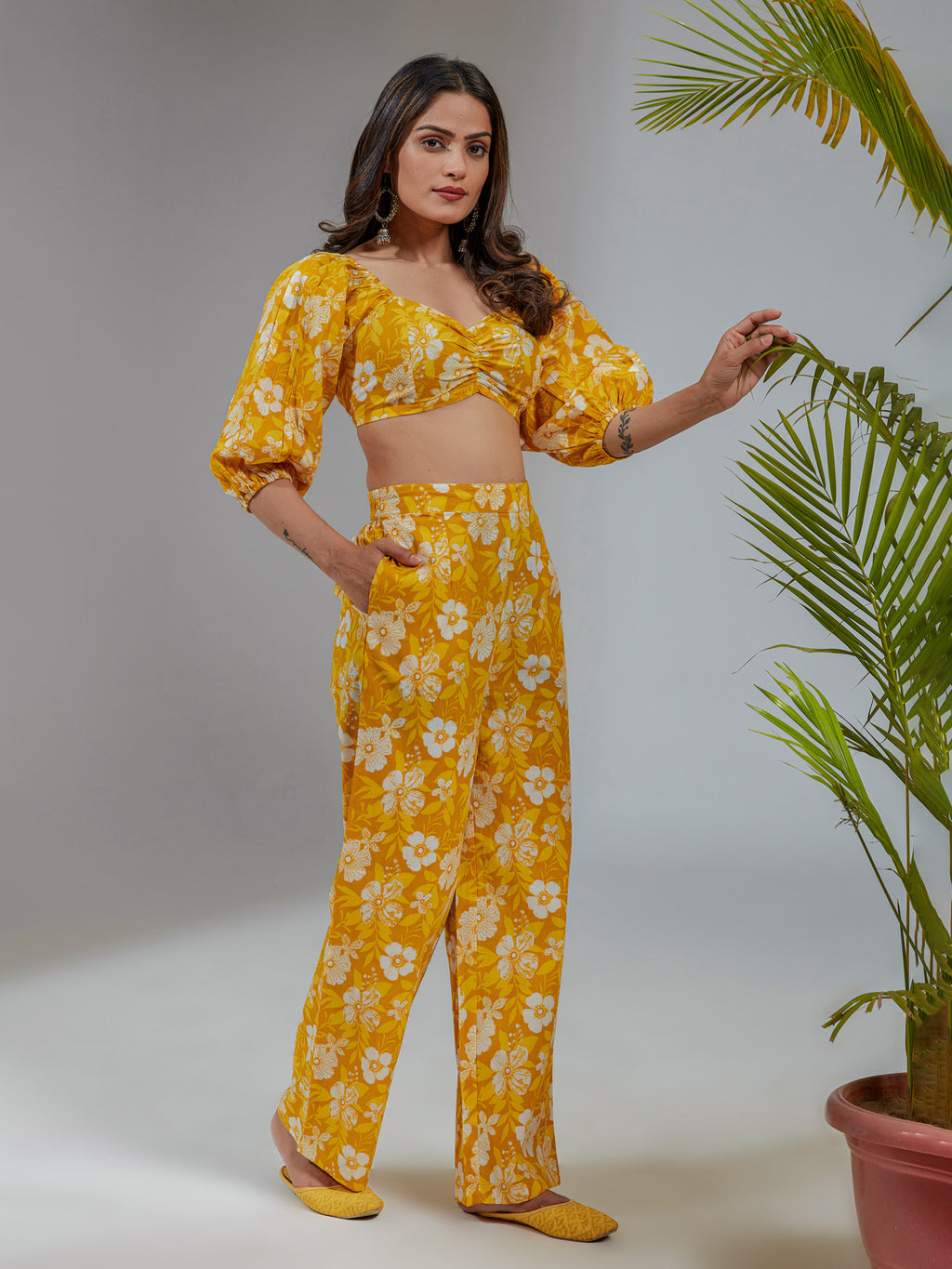 Yellow Cotton Straight Fit Floral Printed Crop Top Co-Ord Set