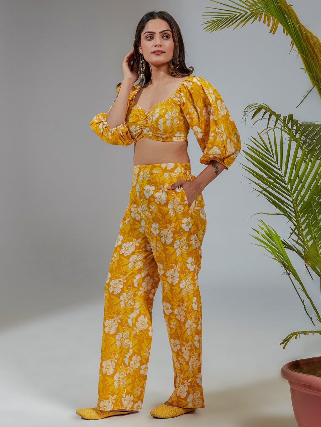 Yellow Cotton Straight Fit Floral Printed Crop Top Co-Ord Set