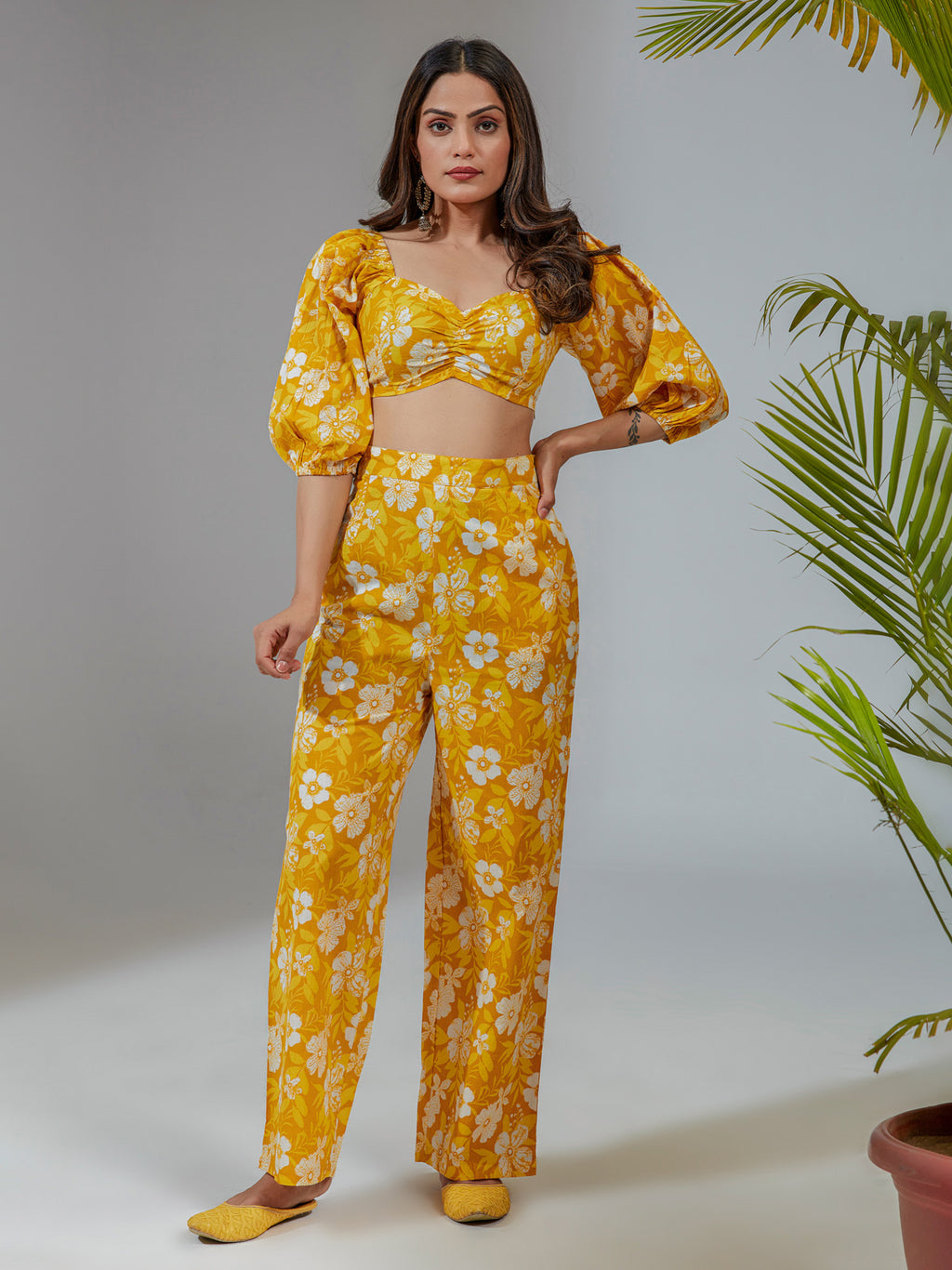 Yellow Cotton Straight Fit Floral Printed Crop Top Co-Ord Set