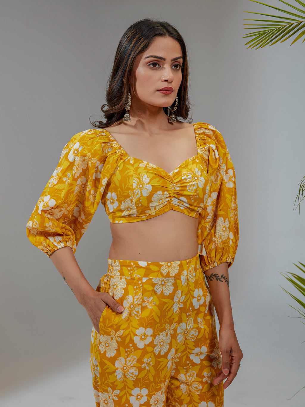 Yellow Cotton Straight Fit Floral Printed Crop Top Co-Ord Set