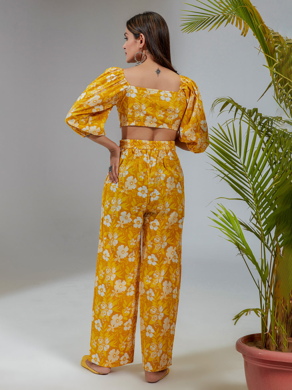 Yellow Cotton Straight Fit Floral Printed Crop Top Co-Ord Set