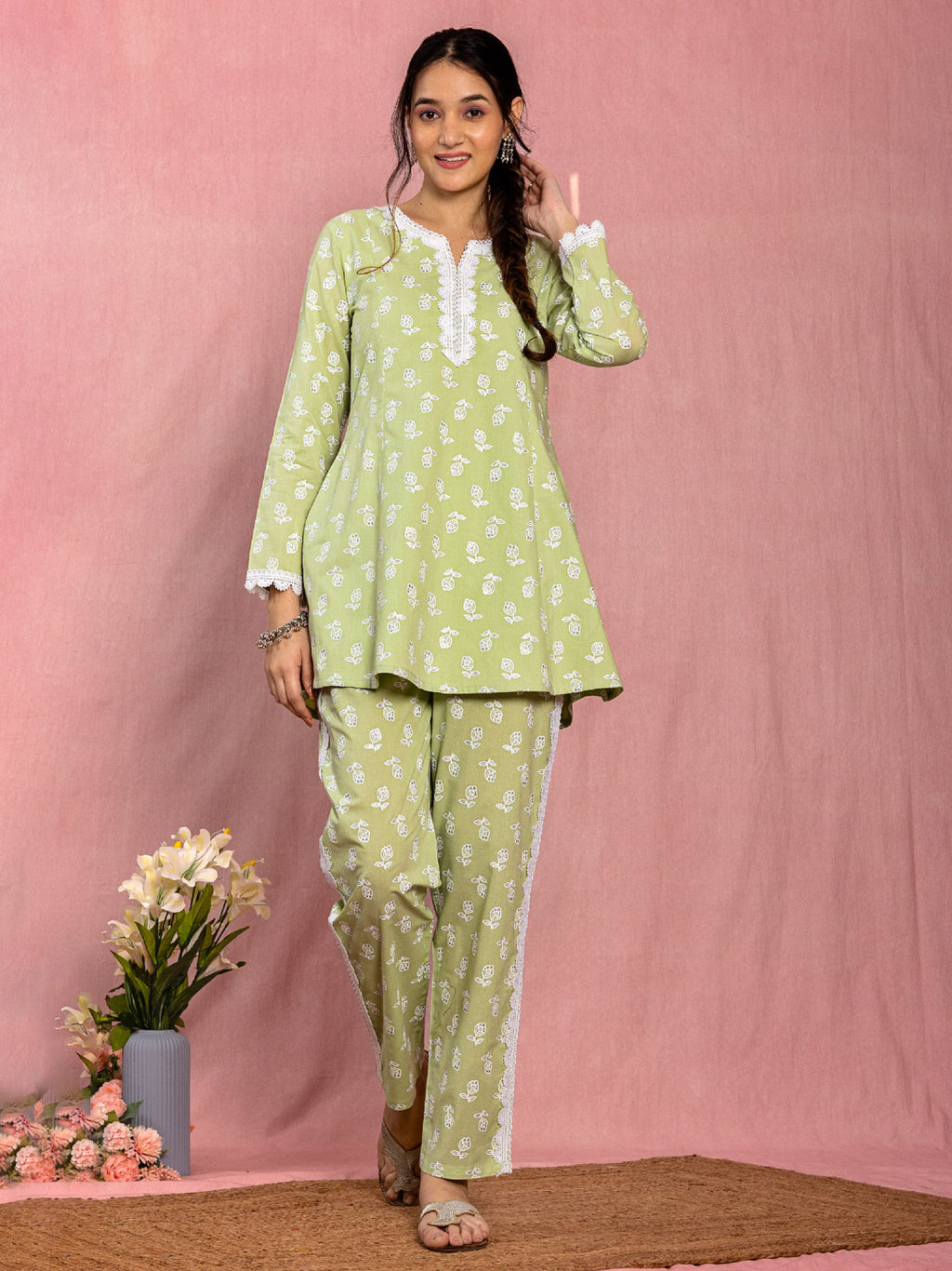 Pastel Green Cotton Floral Buta Printed Co-Ord Set