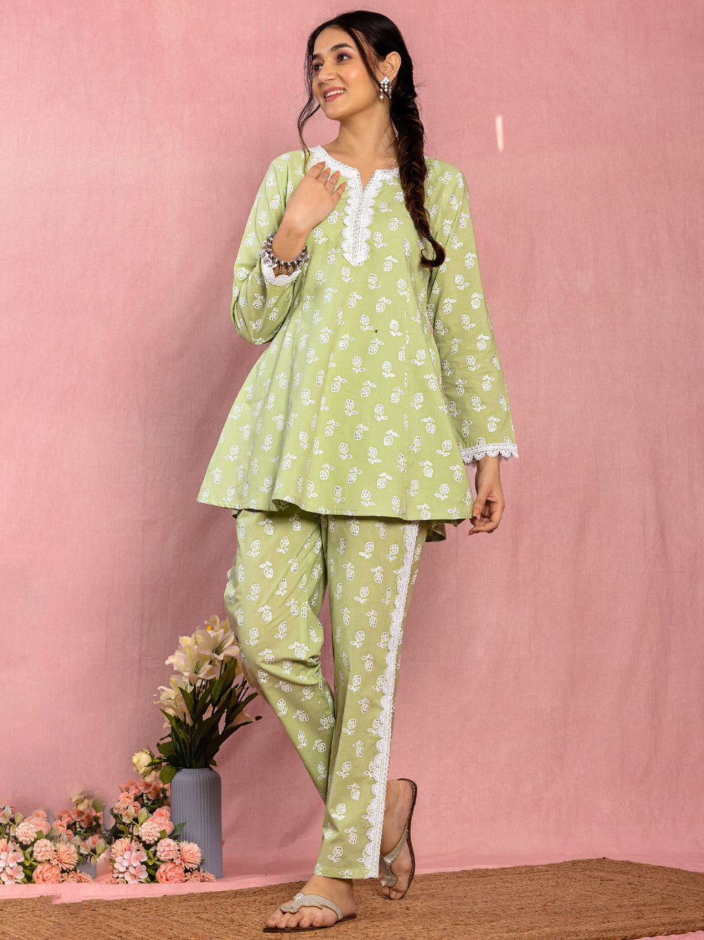 Pastel Green Cotton Floral Buta Printed Co-Ord Set