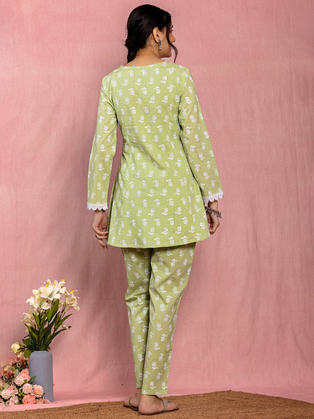 Pastel Green Cotton Floral Buta Printed Co-Ord Set