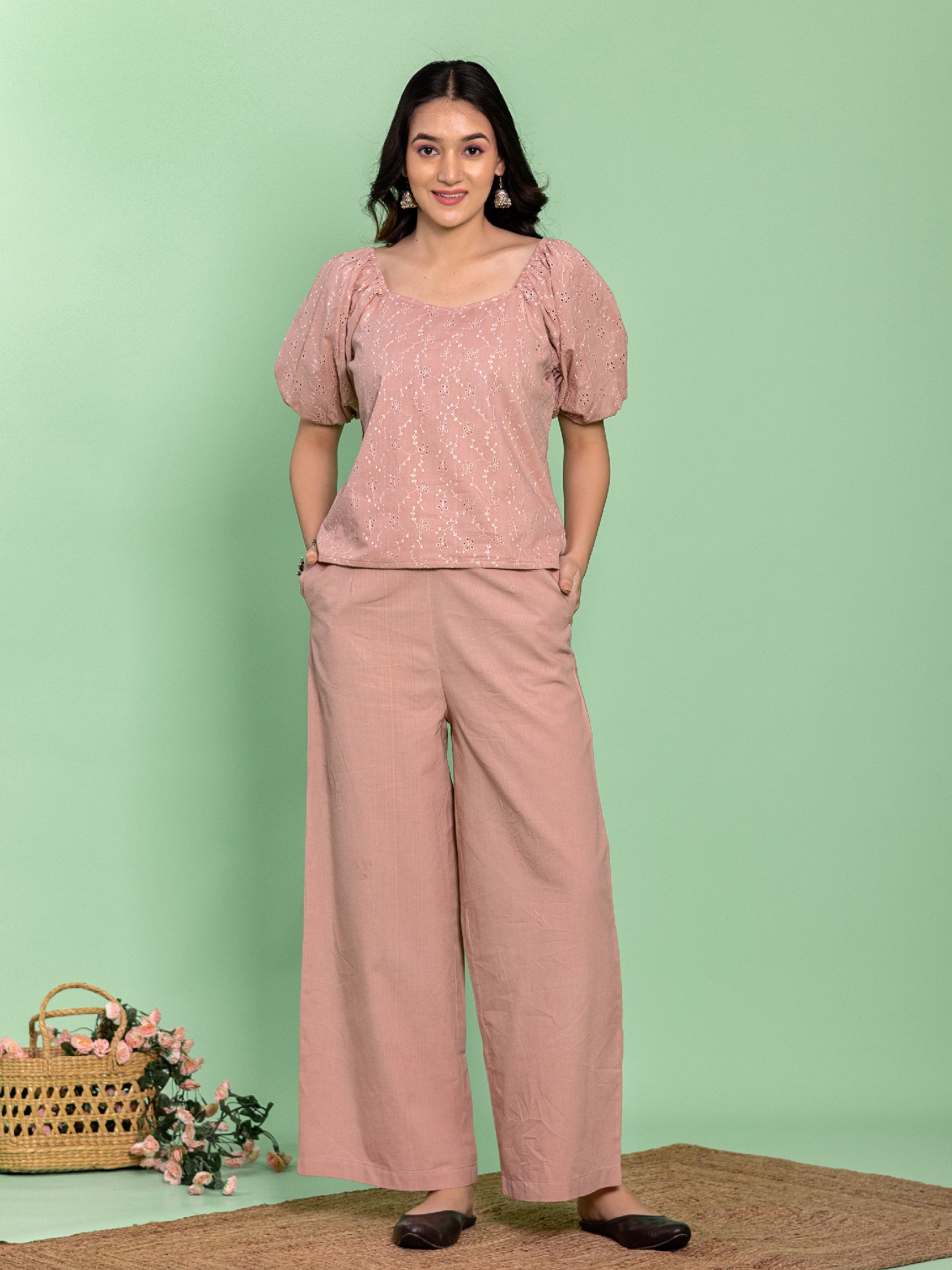 Pastel Pink Cotton Schiffili Top Co-Ord Set With Solid Pants