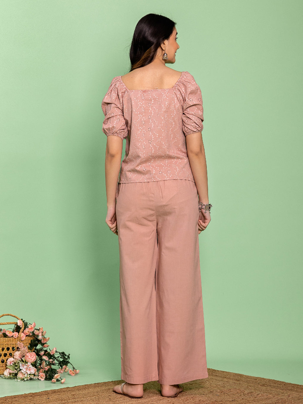 Pastel Pink Cotton Schiffili Top Co-Ord Set With Solid Pants