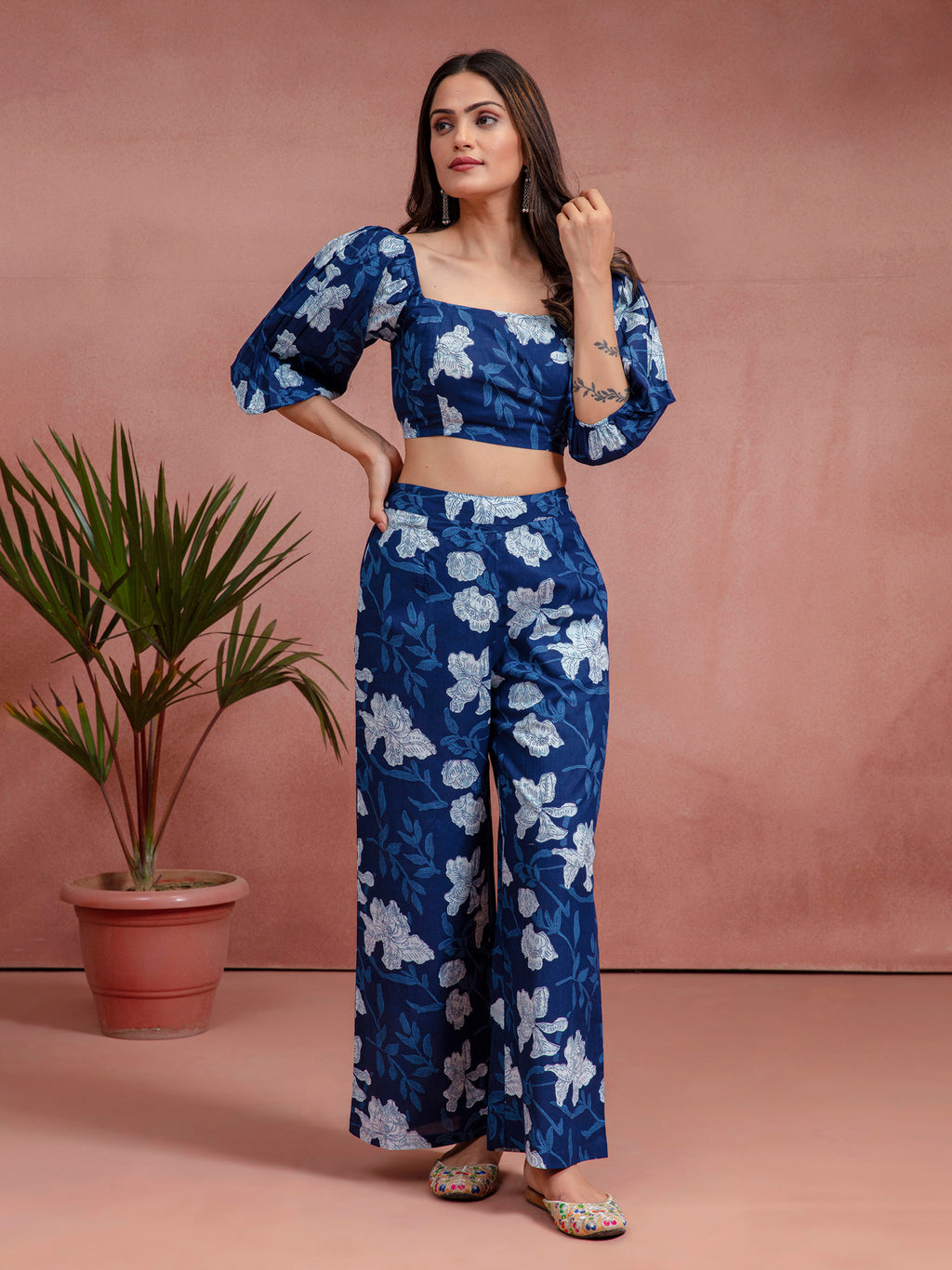 Navy Blue Cotton Floral Printed Crop Top Co-ord Set