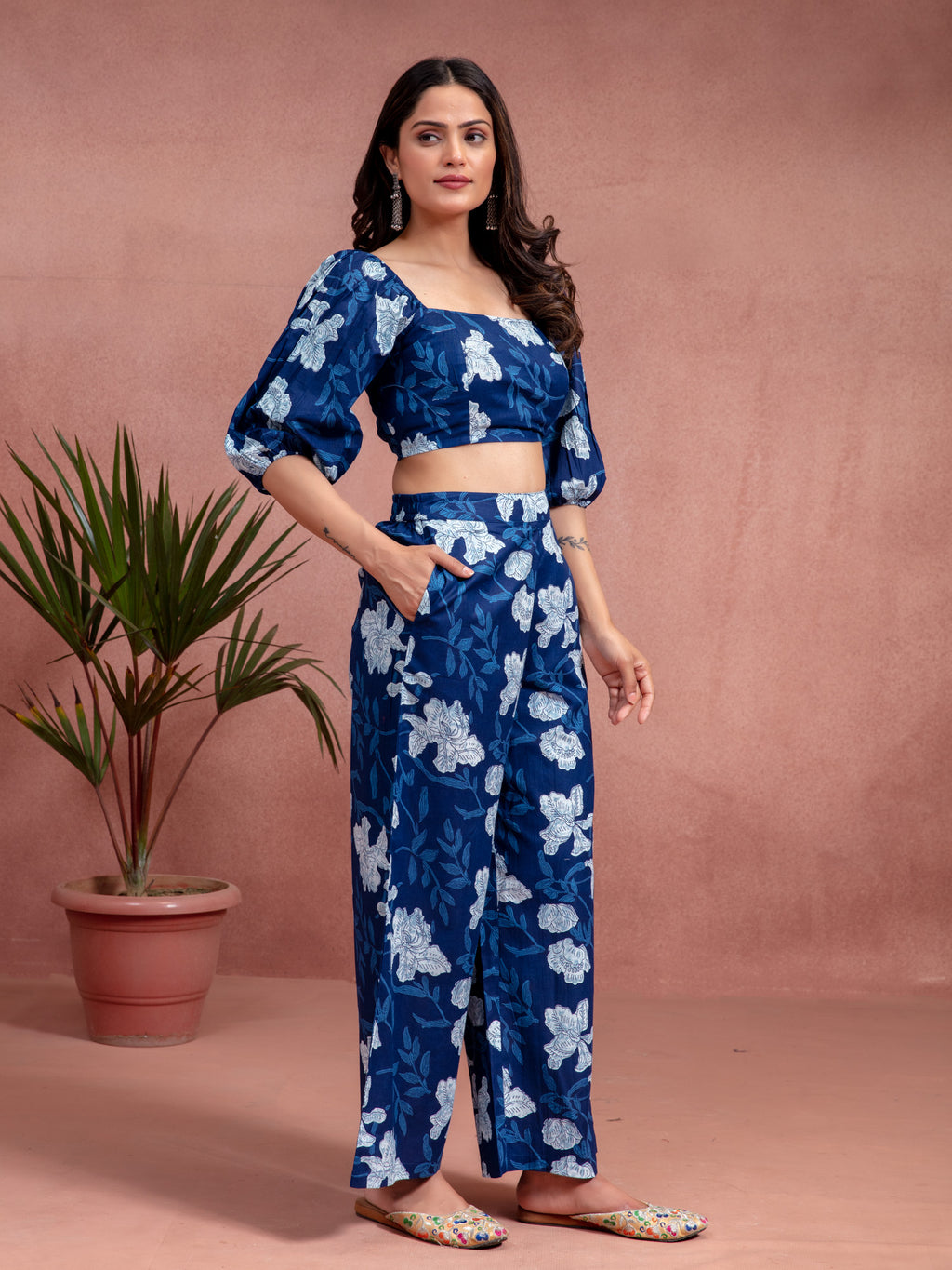 Navy Blue Cotton Floral Printed Crop Top Co-ord Set