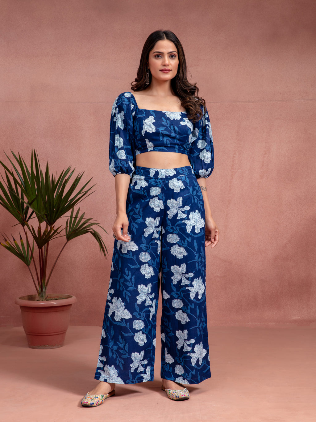 Navy Blue Cotton Floral Printed Crop Top Co-ord Set