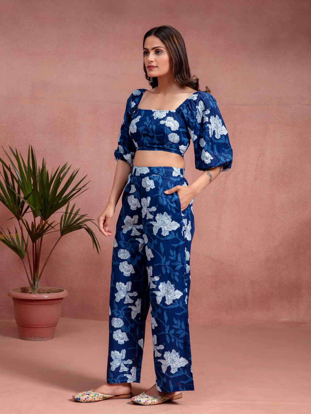 Navy Blue Cotton Floral Printed Crop Top Co-ord Set