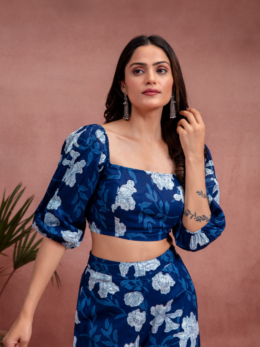 Navy Blue Cotton Floral Printed Crop Top Co-ord Set