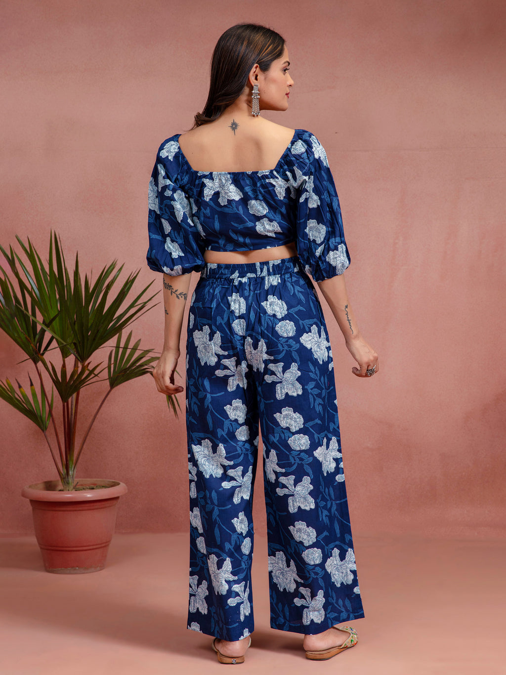 Navy Blue Cotton Floral Printed Crop Top Co-ord Set