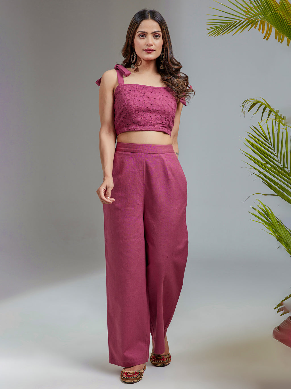 Magenta Cotton Schiffili Crop Top Co-Ord Set