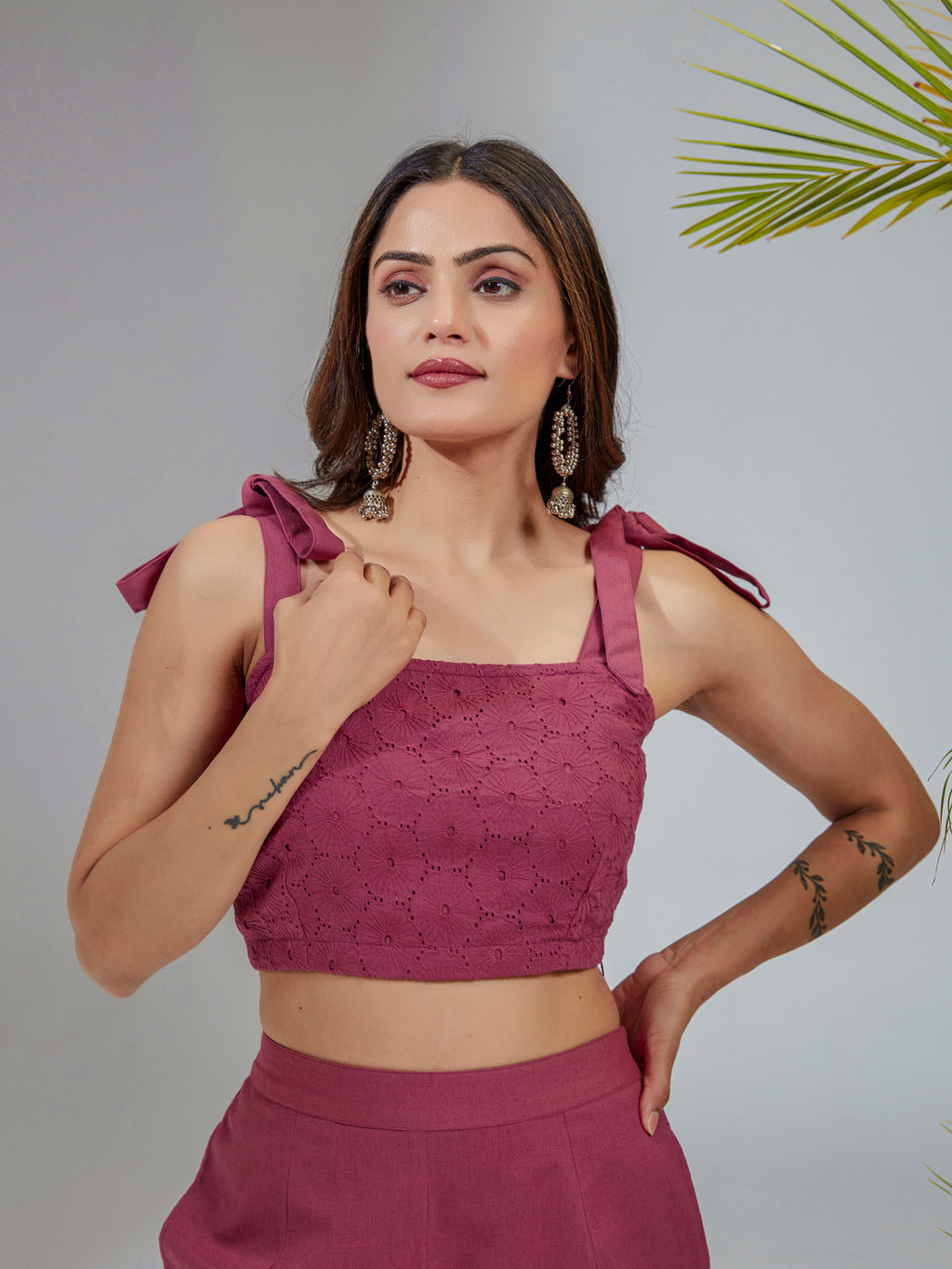 Magenta Cotton Schiffili Crop Top Co-Ord Set