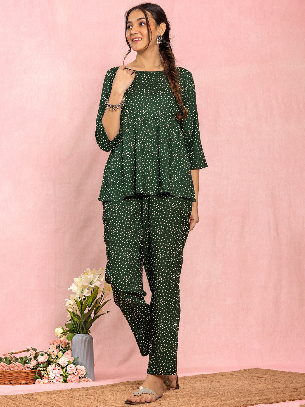 Green Viscose Polka Dot Print Co-Ord Set