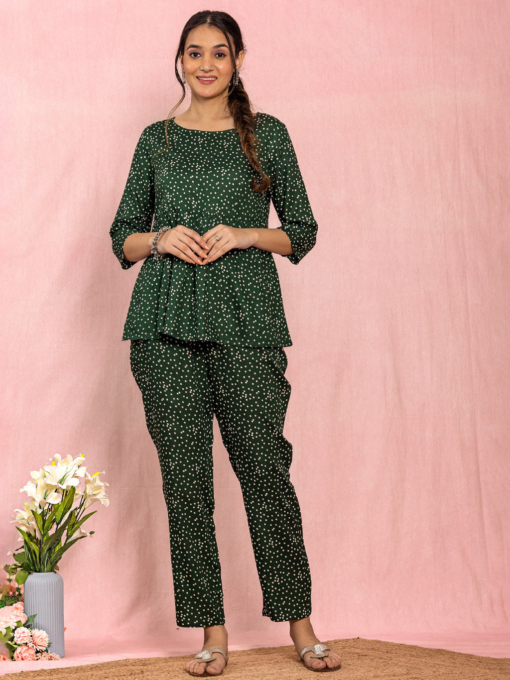 Green Viscose Polka Dot Print Co-Ord Set