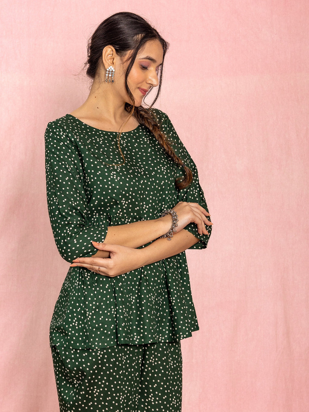 Green Viscose Polka Dot Print Co-Ord Set