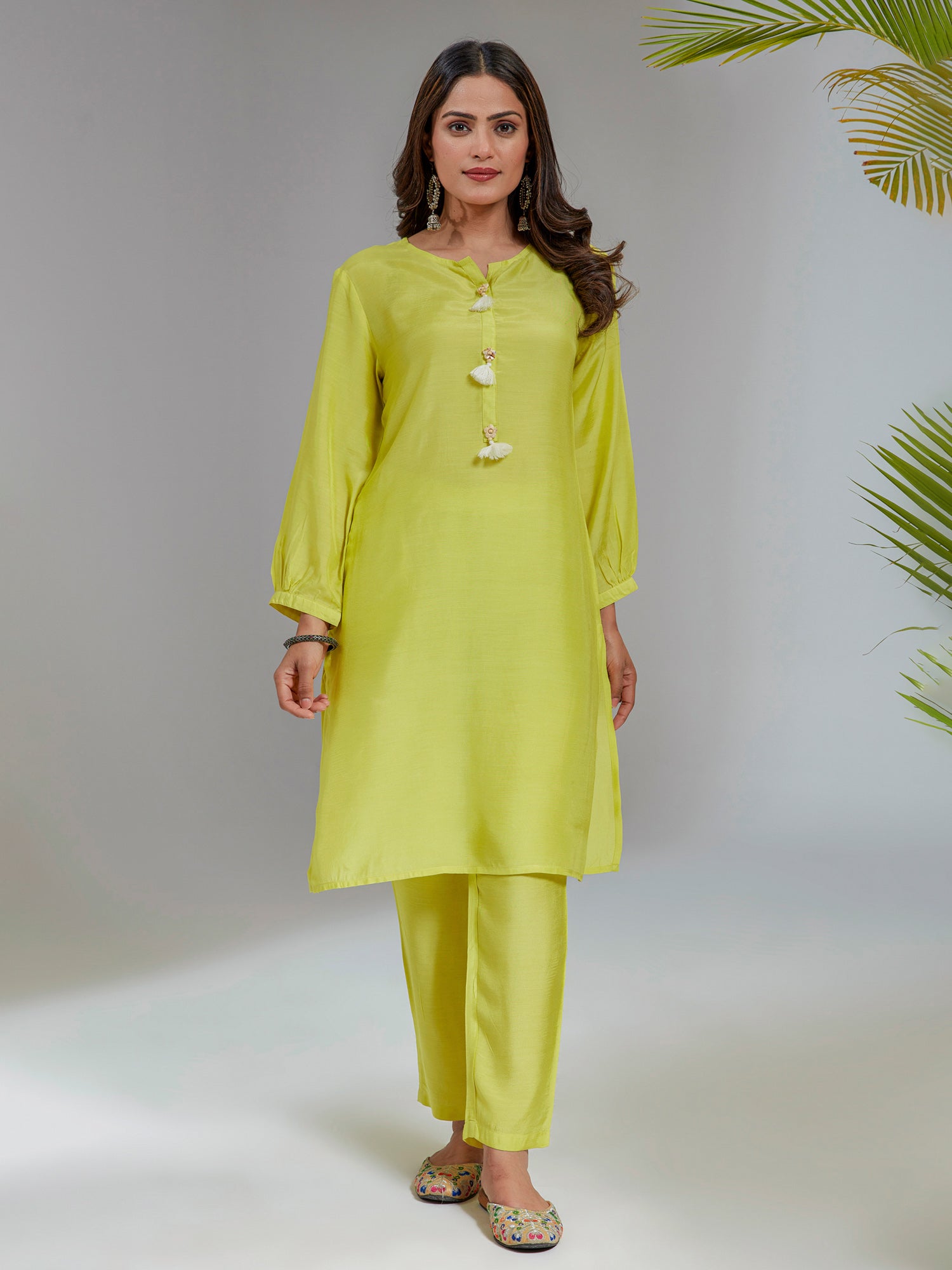 Lime Yellow Solid Muslin A-Line Co-Ord Set