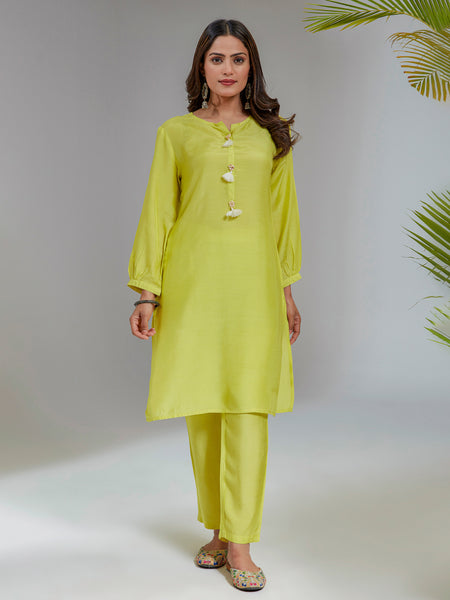 Lime Yellow Solid Muslin A-Line Co-Ord Set