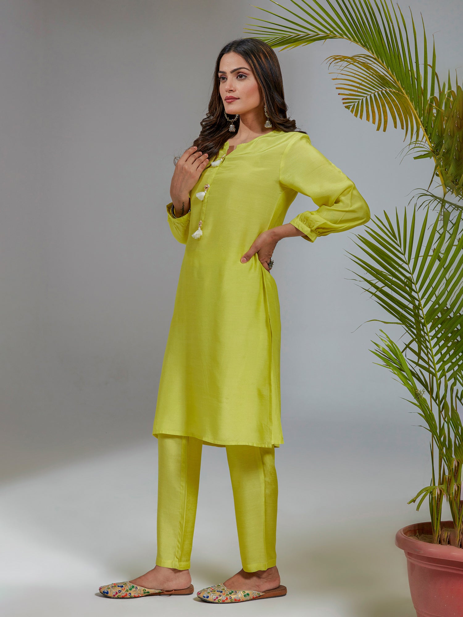 Lime Yellow Solid Muslin A-Line Co-Ord Set