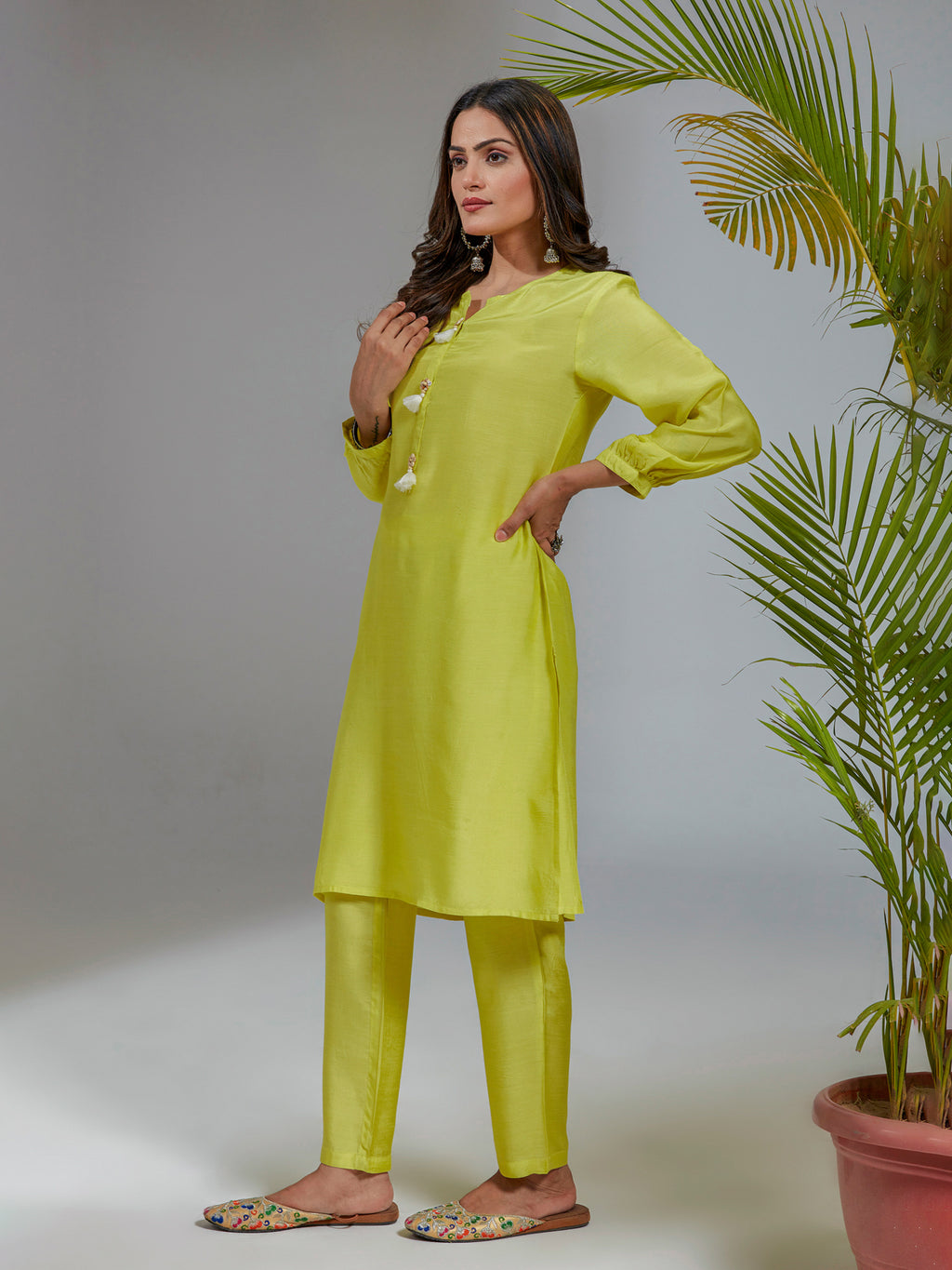 Lime Yellow Solid Muslin A-Line Co-Ord Set