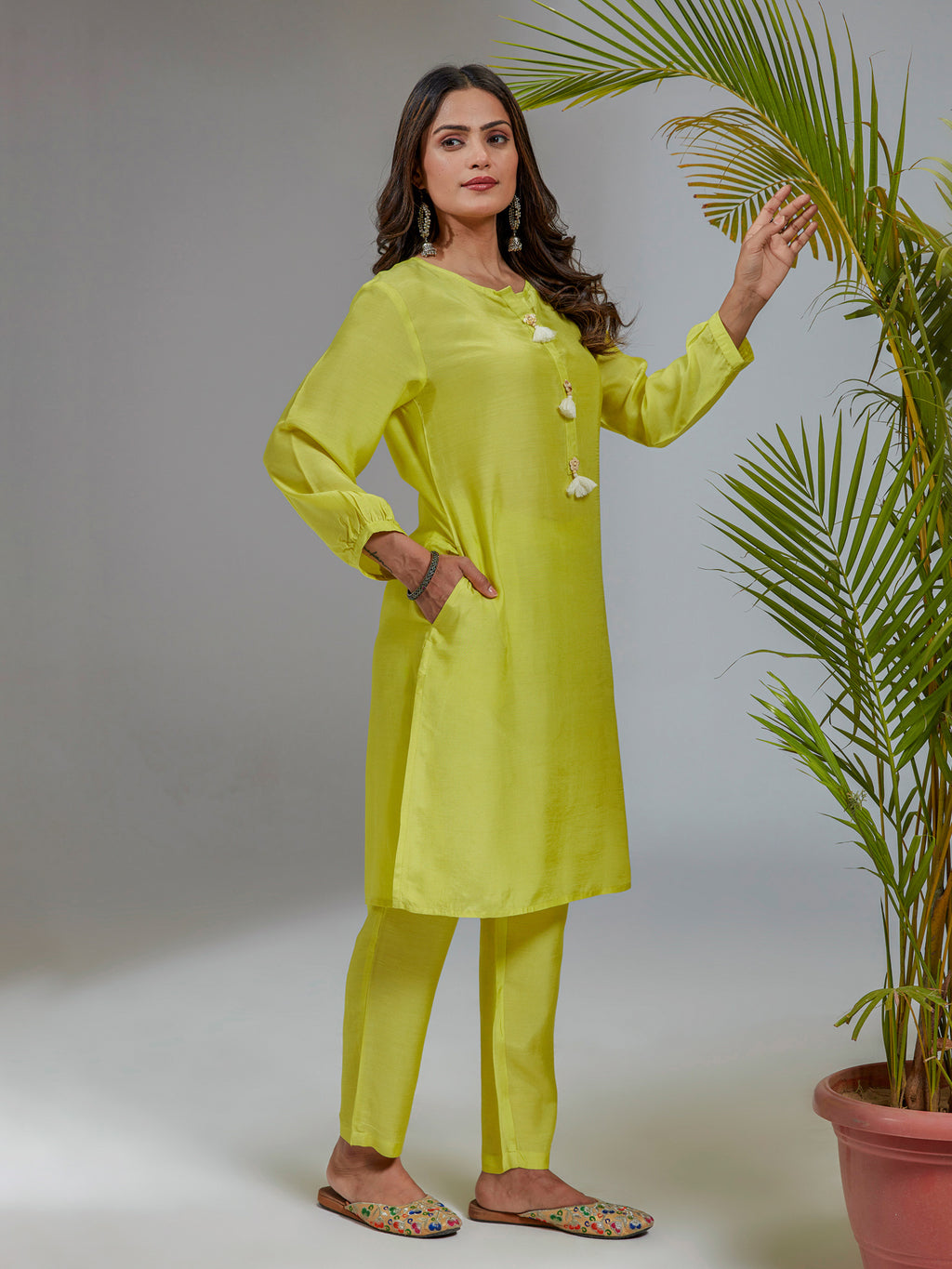 Lime Yellow Solid Muslin A-Line Co-Ord Set