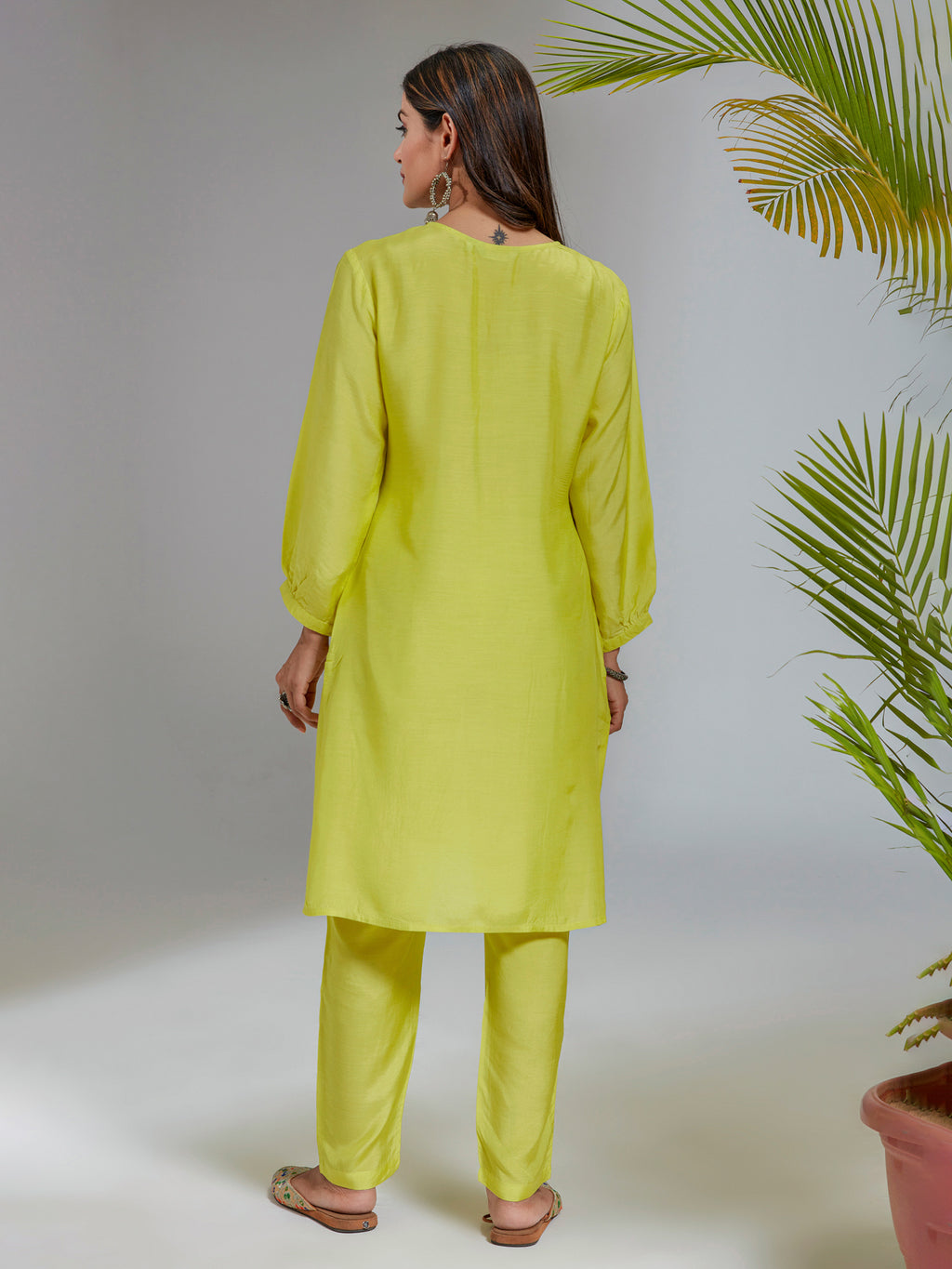 Lime Yellow Solid Muslin A-Line Co-Ord Set