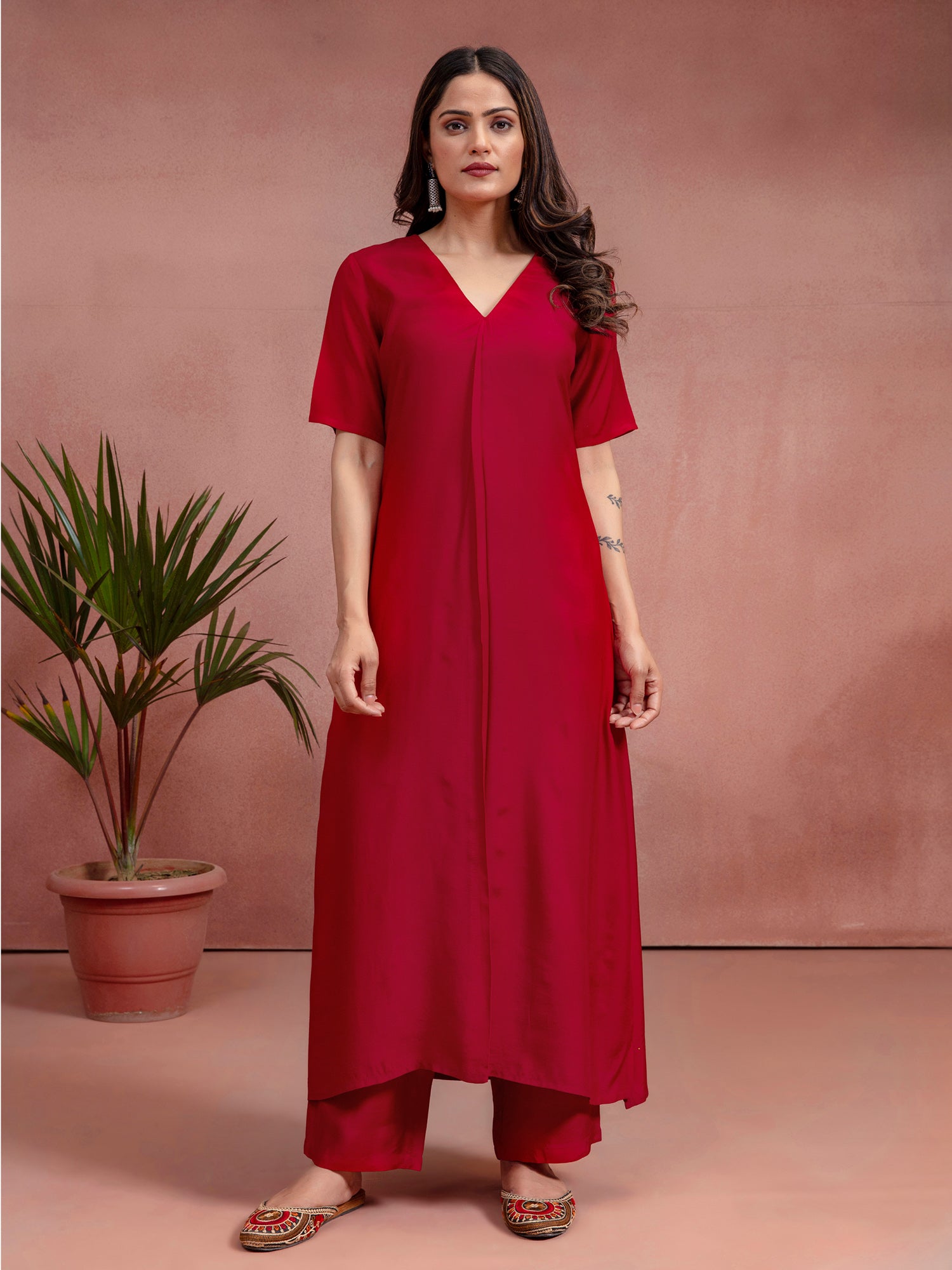 Cherry Red Solid Muslin A-Line Co-Ord Set