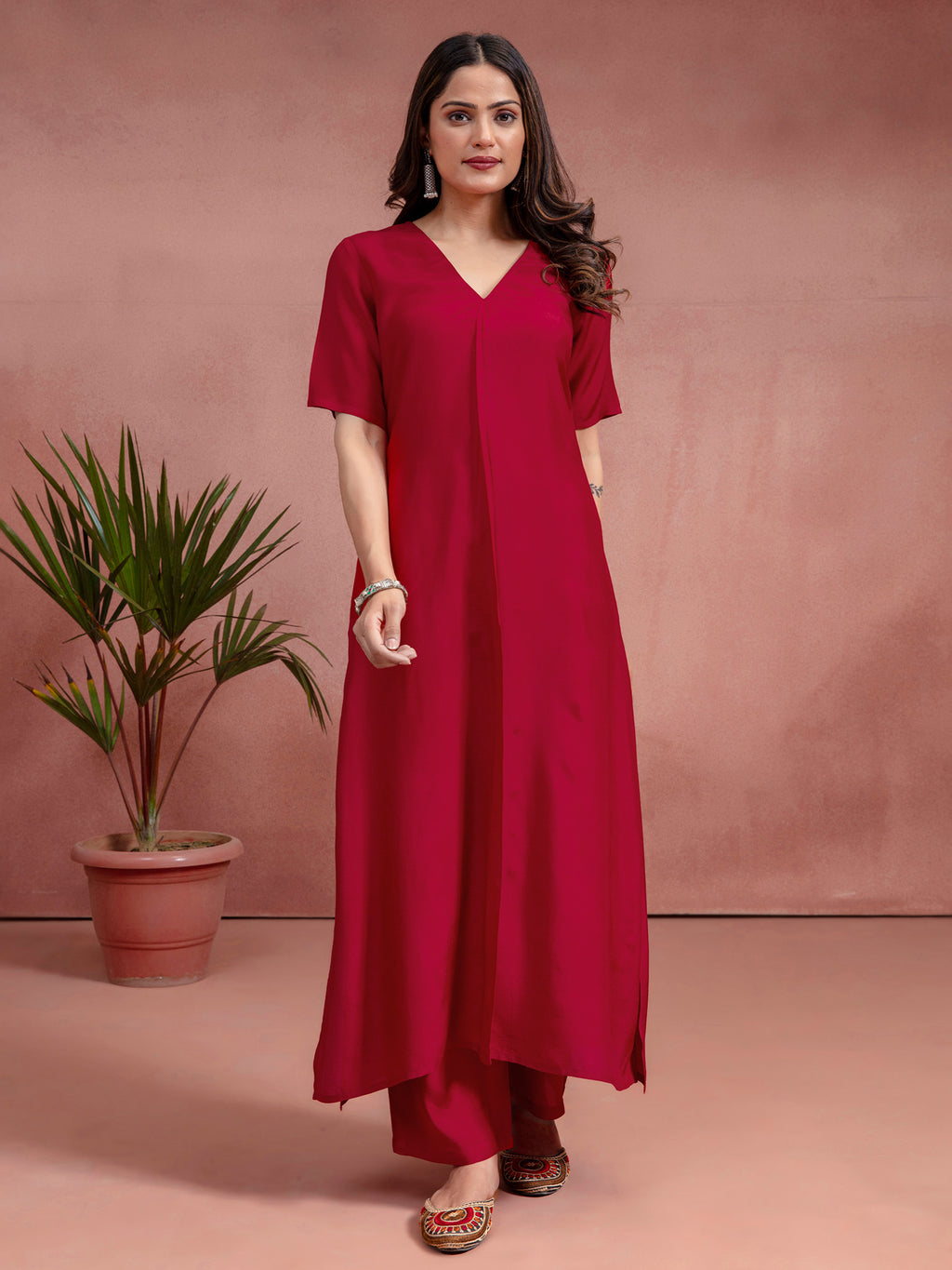 Cherry Red Solid Muslin A-Line Co-Ord Set