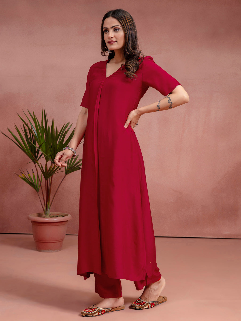 Cherry Red Solid Muslin A-Line Co-Ord Set