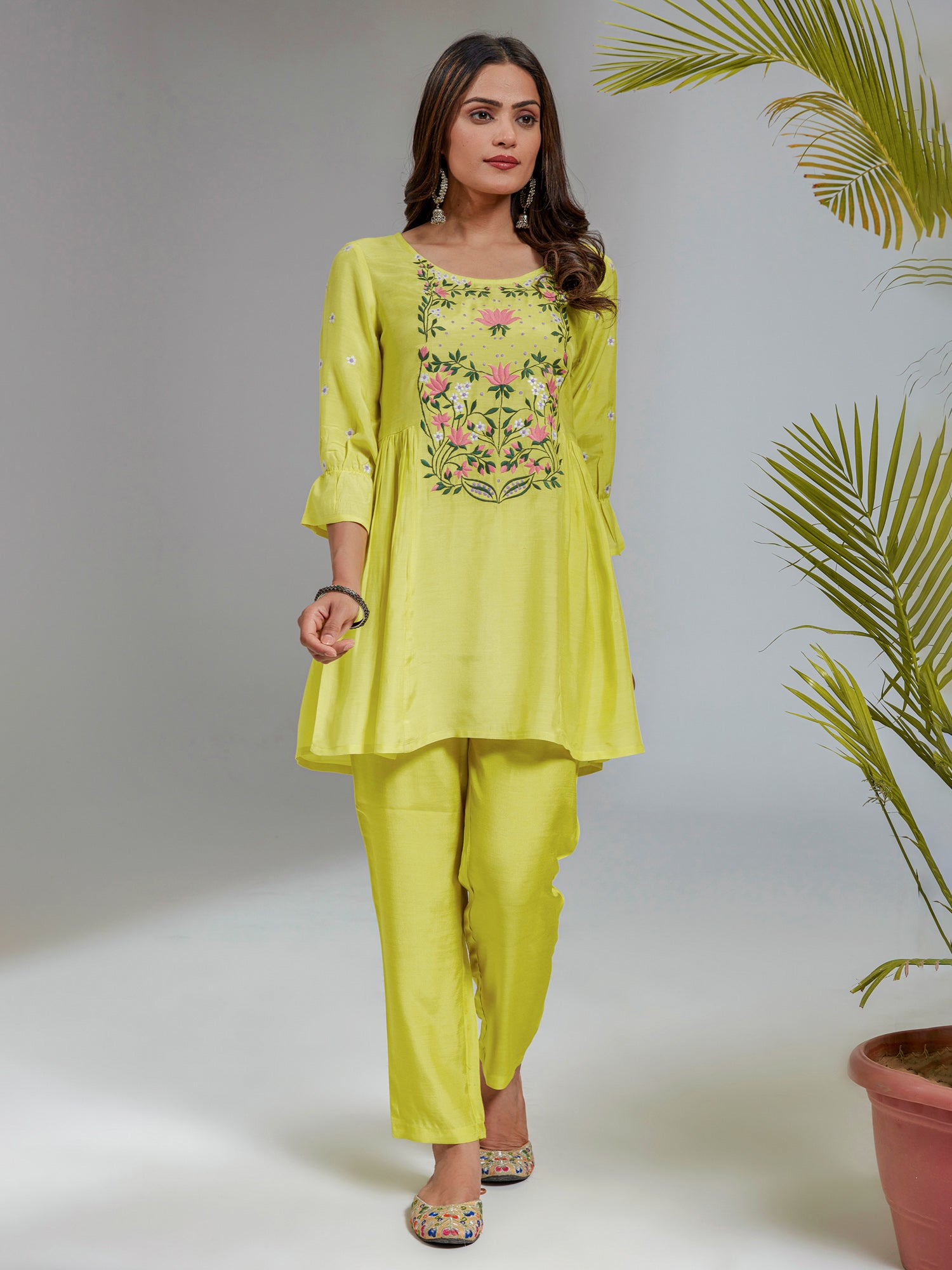 Lime Yellow Solid Muslin Embroidered Co-Ord Set