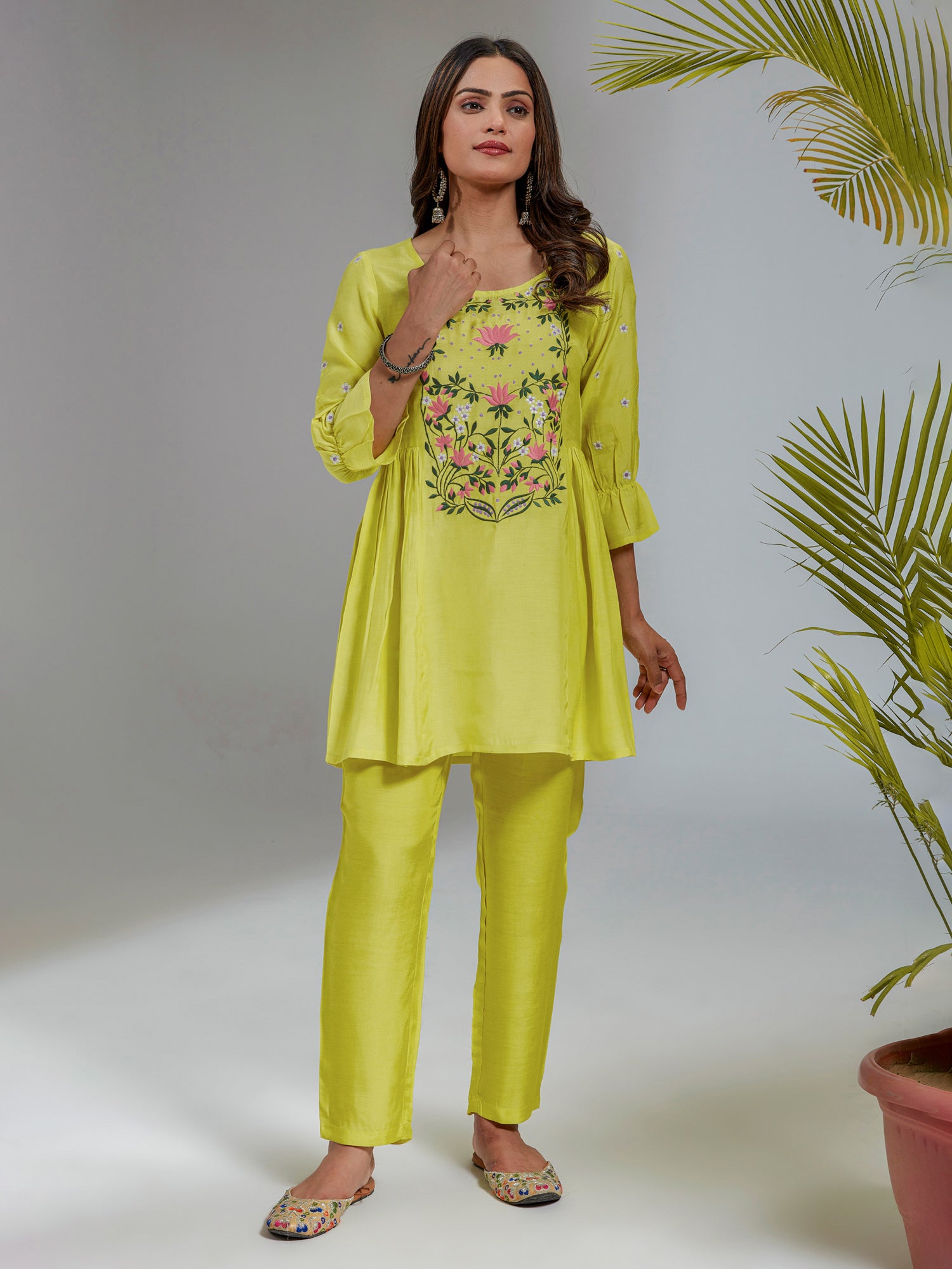 Lime Yellow Solid Muslin Embroidered Co-Ord Set
