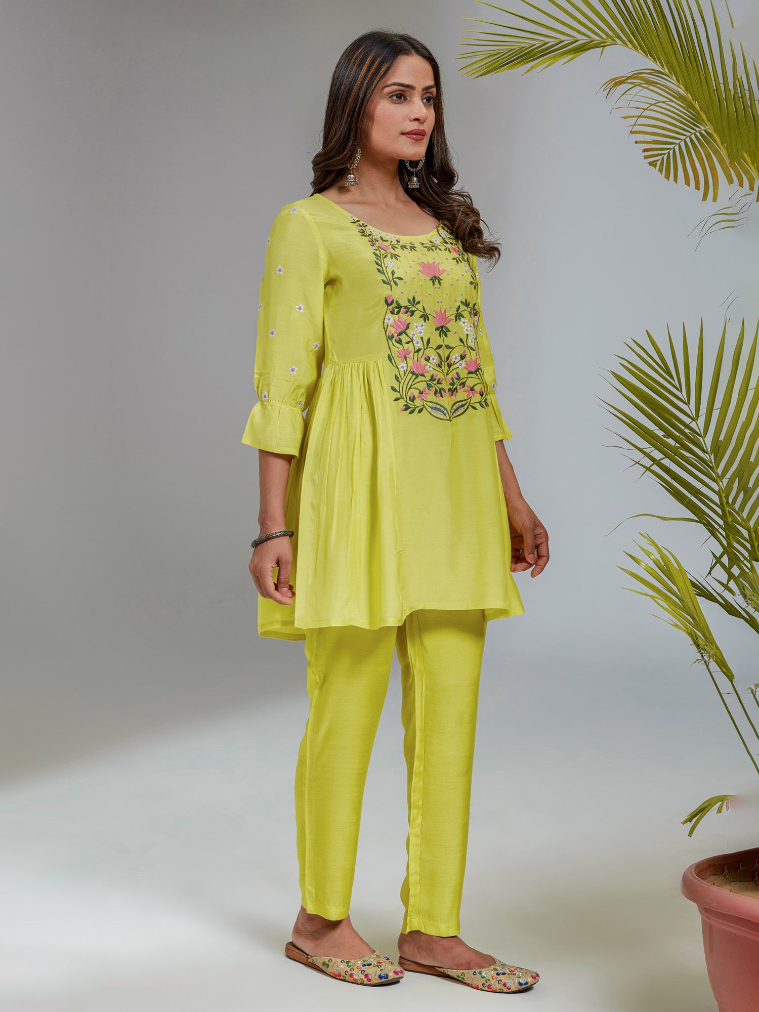 Lime Yellow Solid Muslin Embroidered Co-Ord Set