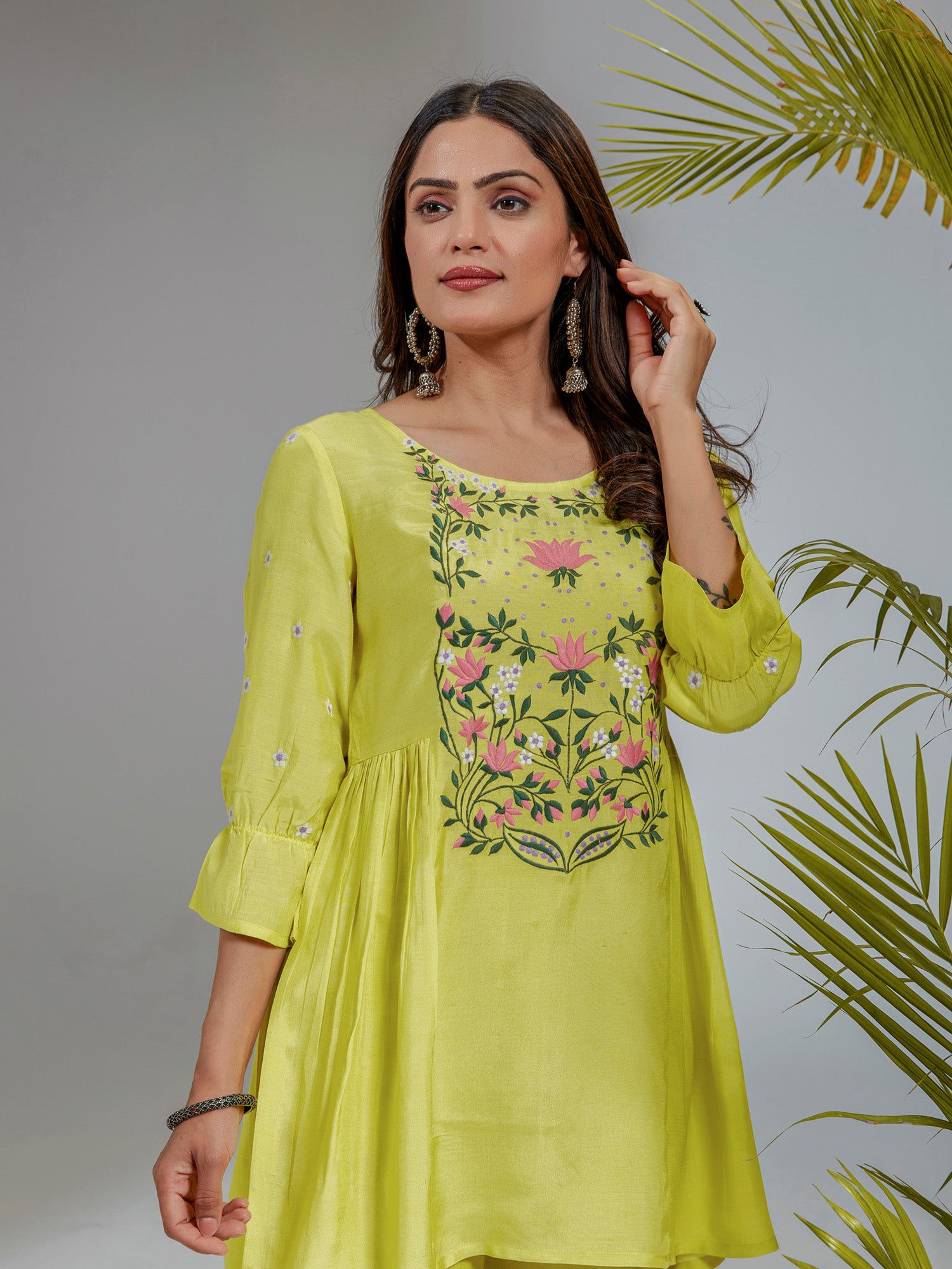 Lime Yellow Solid Muslin Embroidered Co-Ord Set