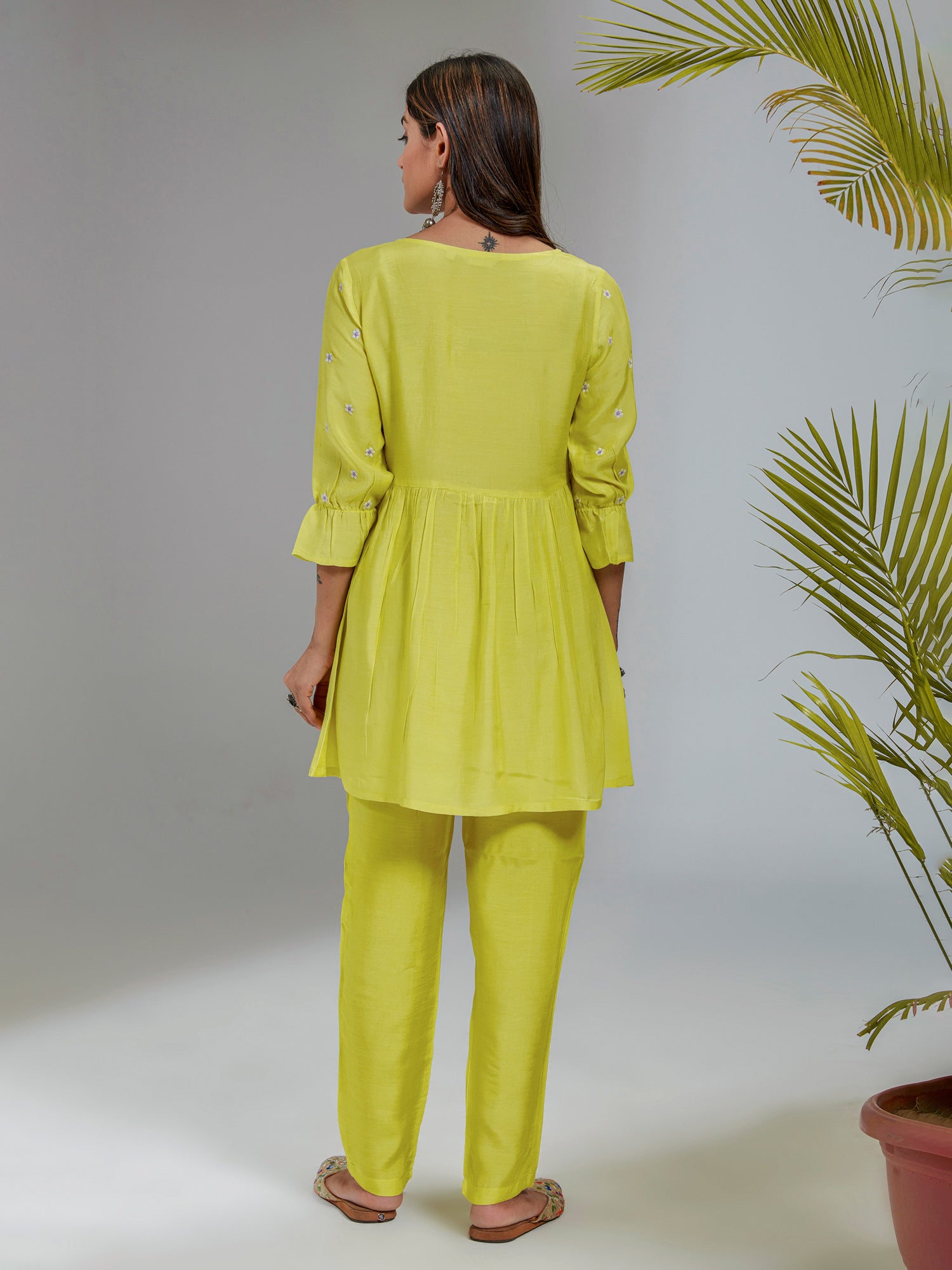 Lime Yellow Solid Muslin Embroidered Co-Ord Set