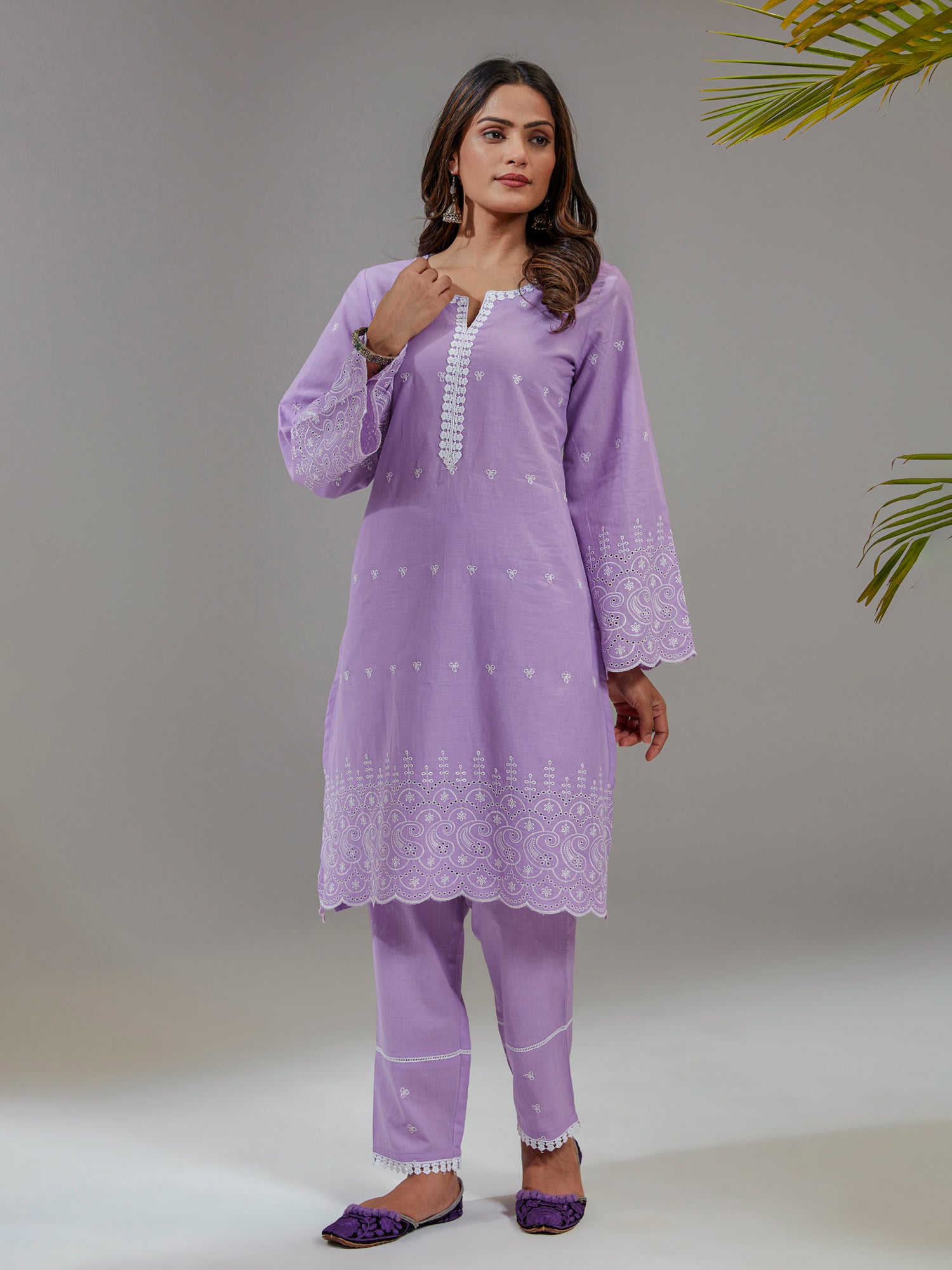 Lavender Cotton Embroidered A-Line Co-Ord Set