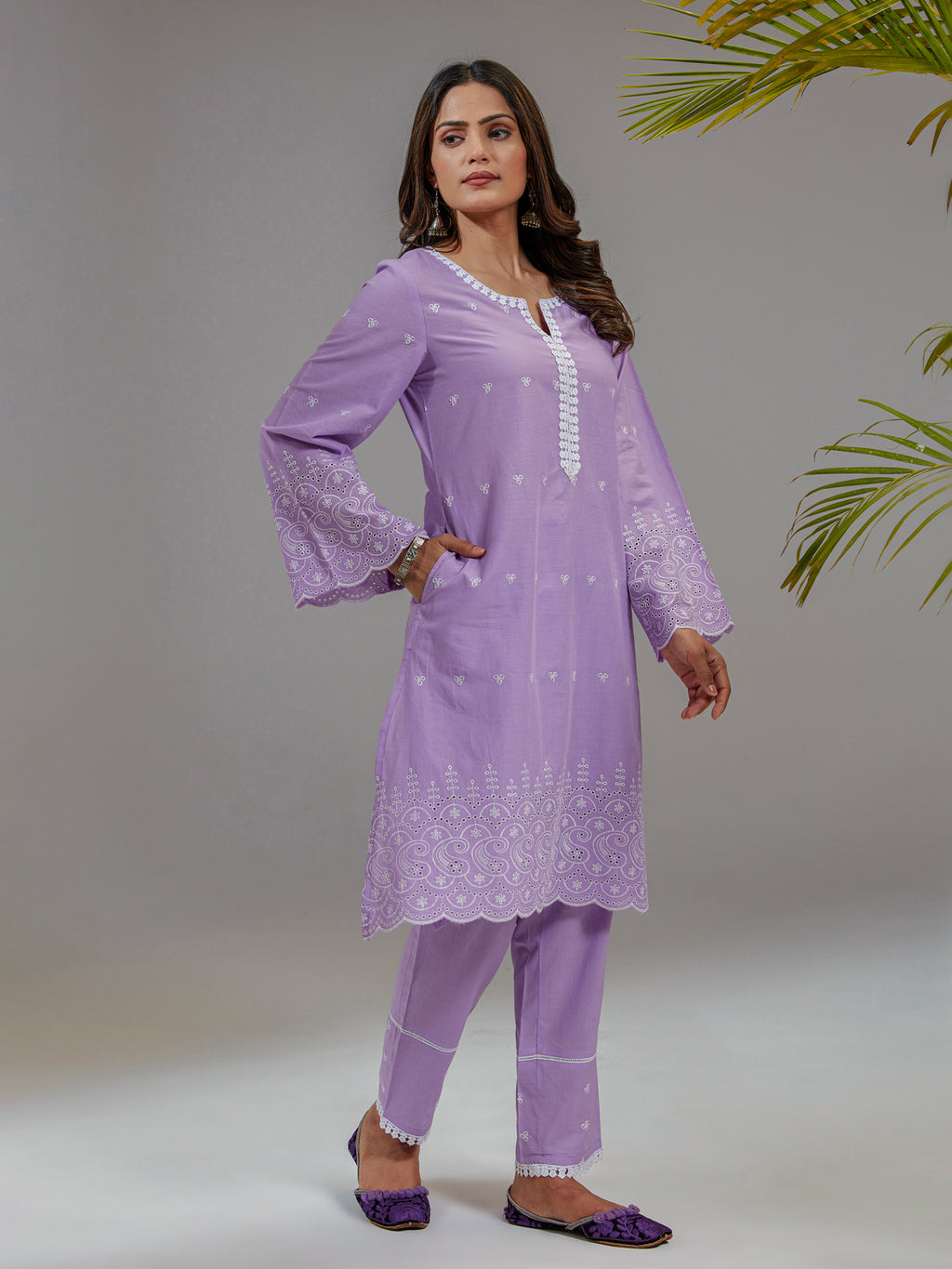 Lavender Cotton Embroidered A-Line Co-Ord Set