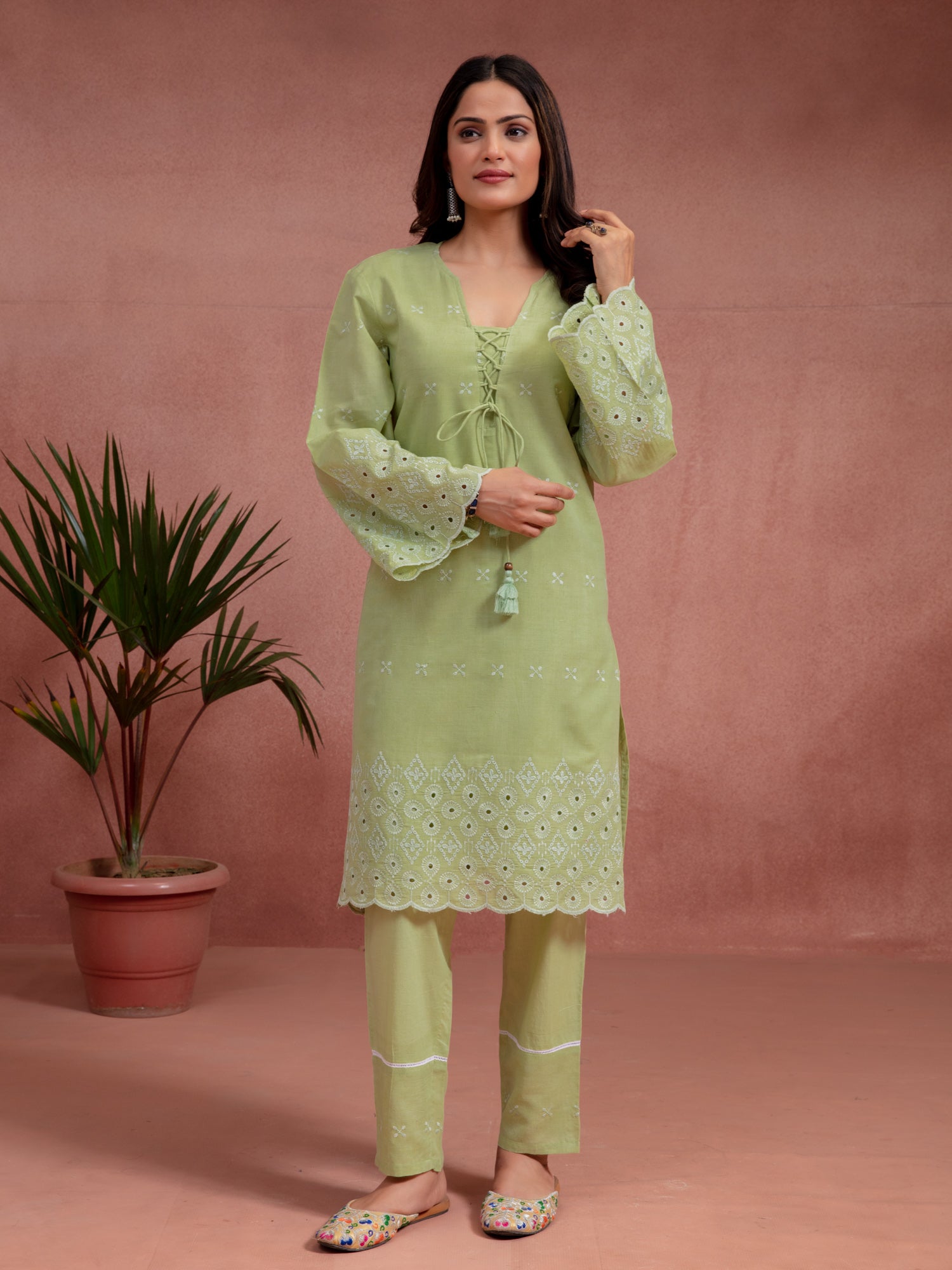Green Cotton Embroidered A-Line Co-Ord Set