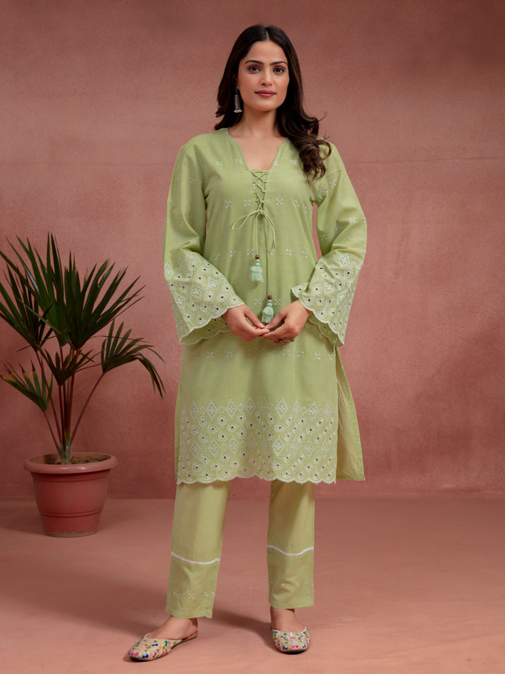 Green Cotton Embroidered A-Line Co-Ord Set